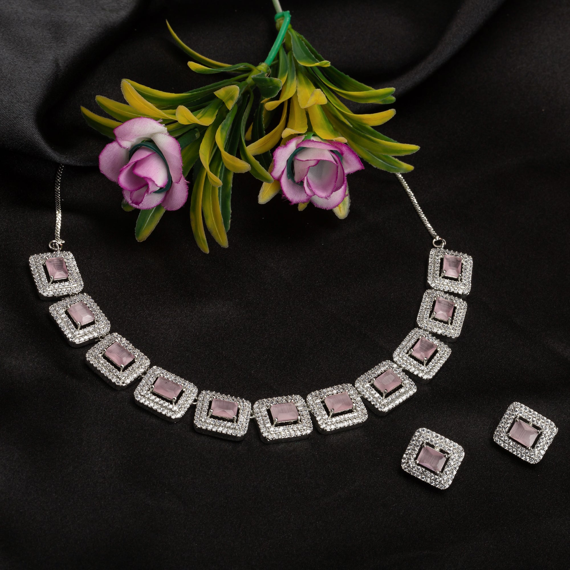 "Pink square zircon short necklace adds vibrant, chic elegance to your look."