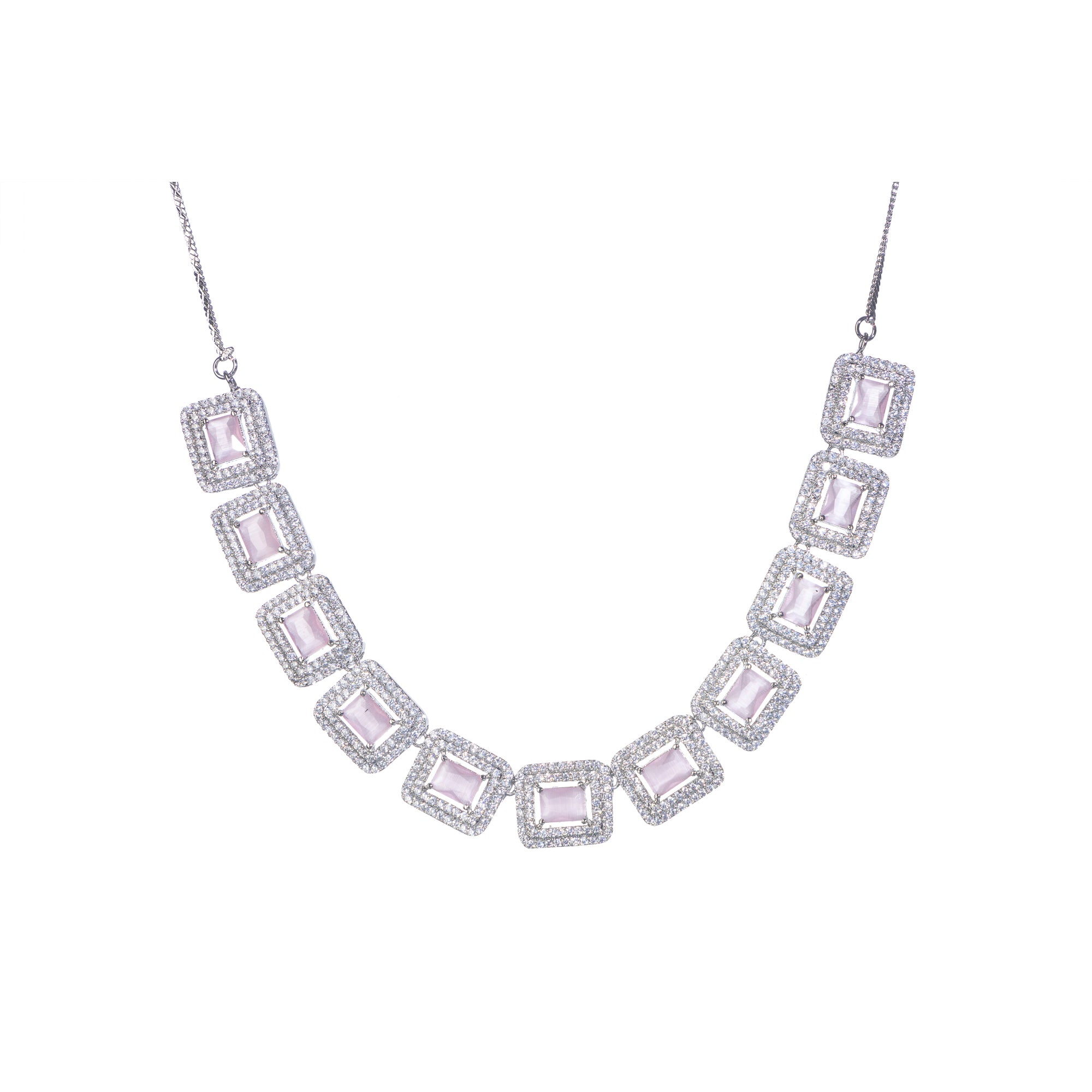 "Pink square zircon short necklace adds vibrant, chic elegance to your look."