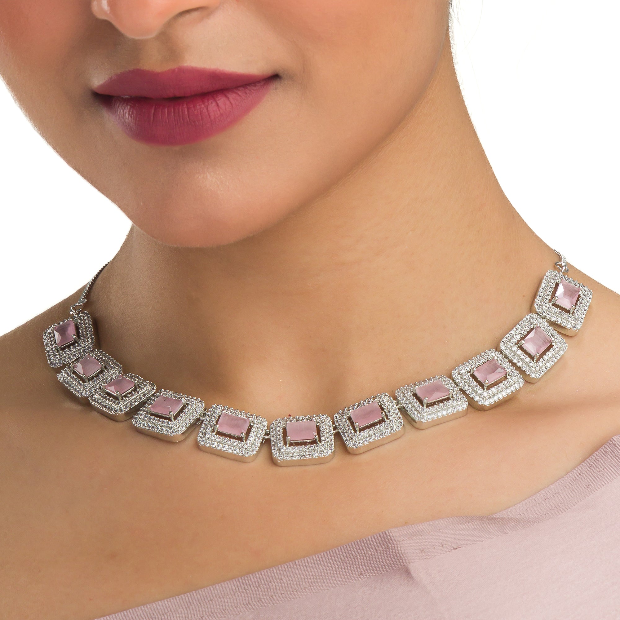 "Pink square zircon short necklace adds vibrant, chic elegance to your look."
