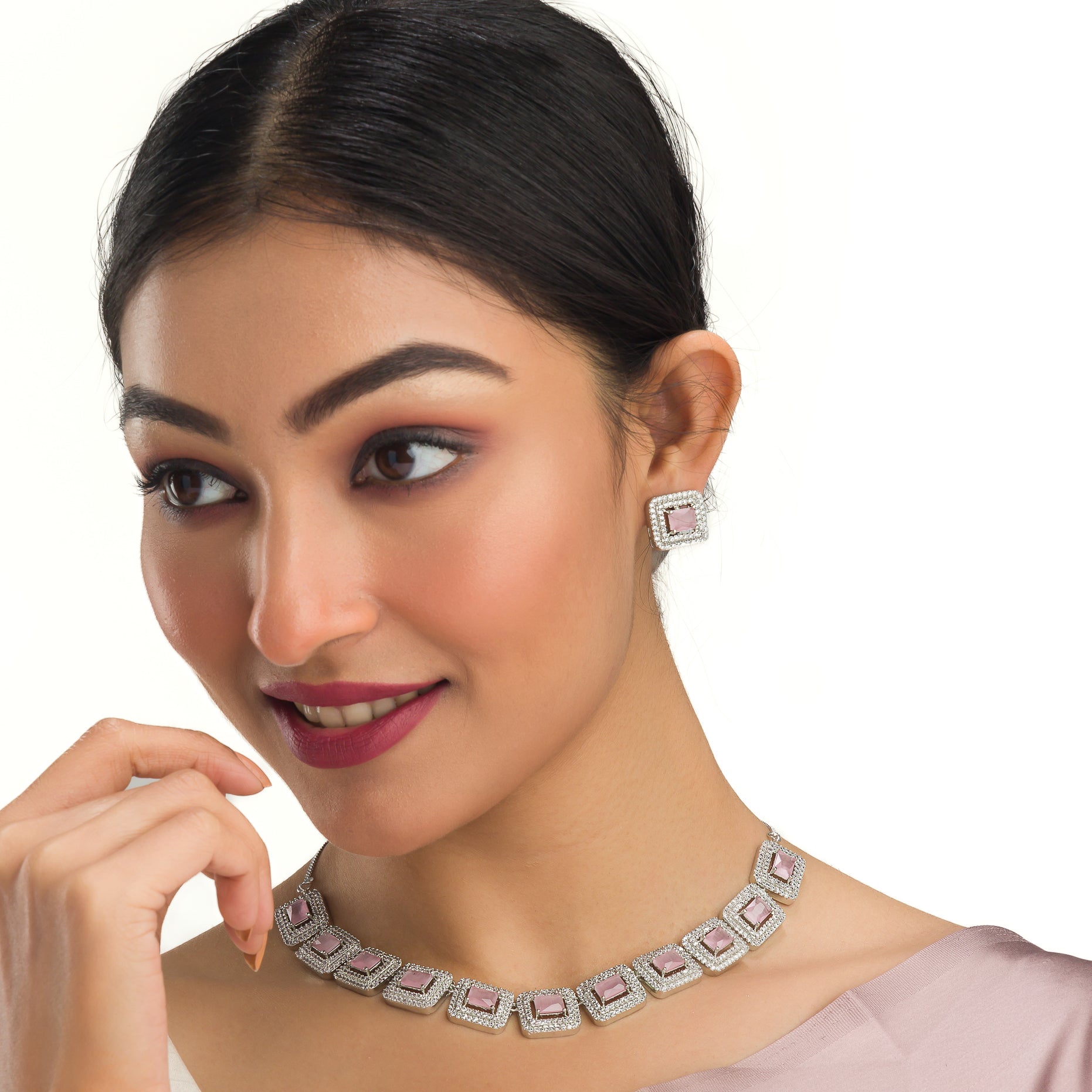 "Pink square zircon short necklace adds vibrant, chic elegance to your look."