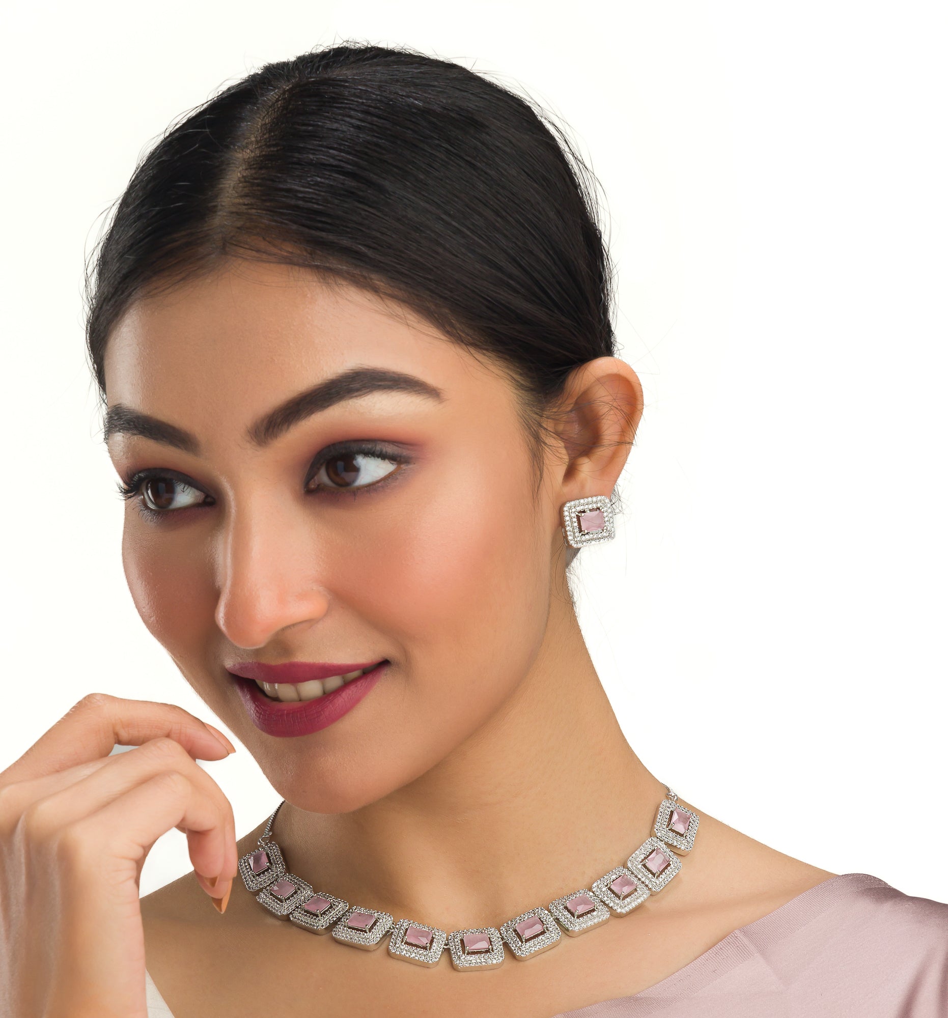 "Pink square zircon short necklace adds vibrant, chic elegance to your look."