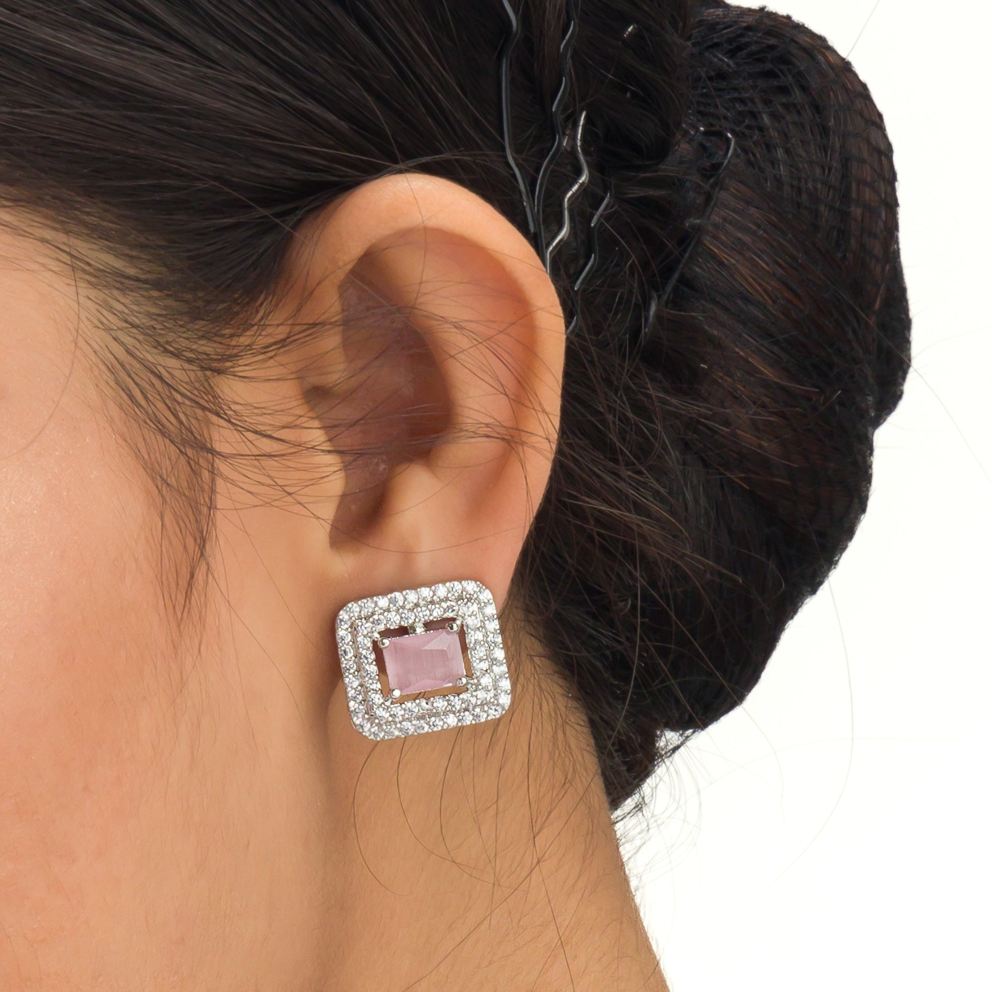 "Pink square zircon short necklace adds vibrant, chic elegance to your look."