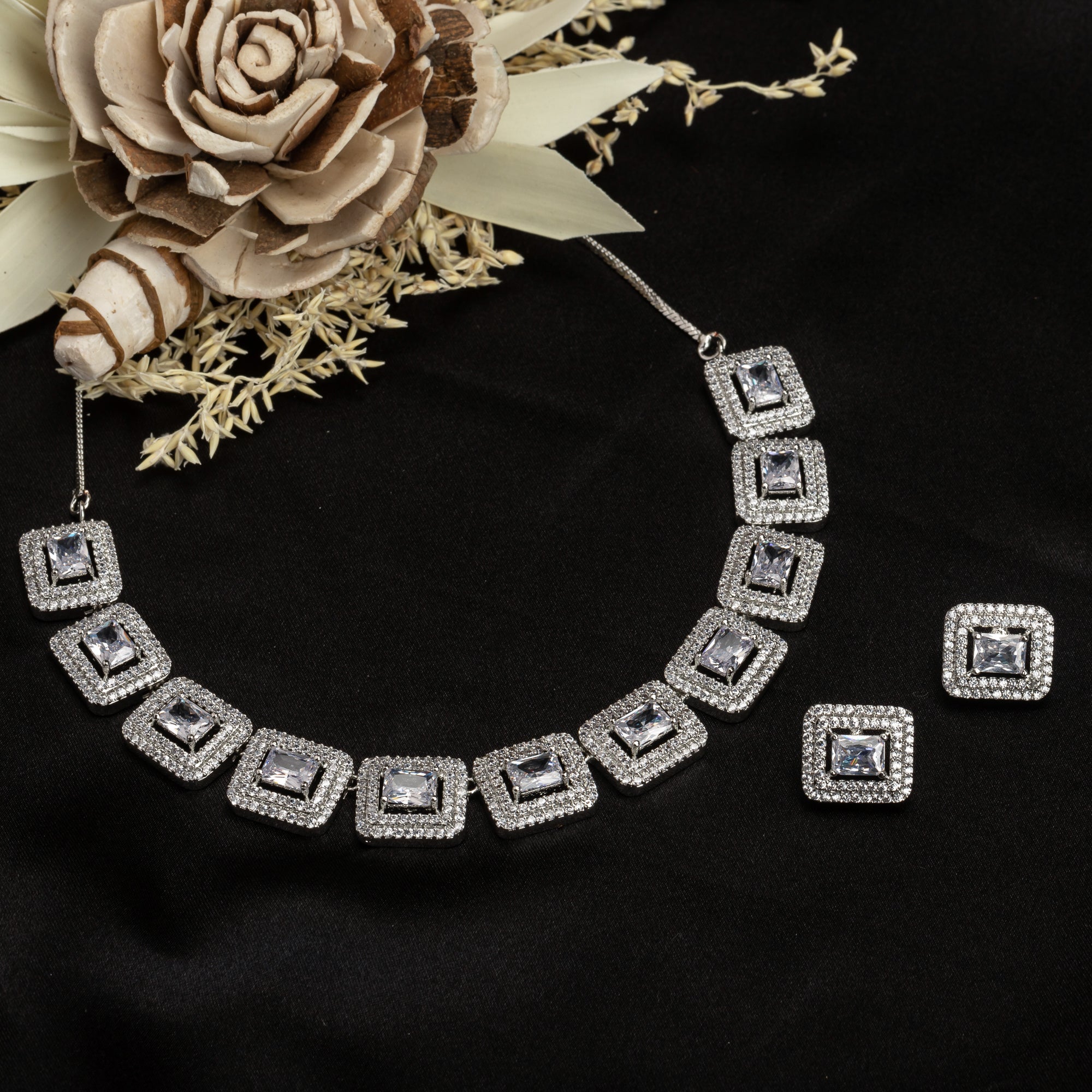 "White square zircon short necklace offers vibrant, chic elegance."