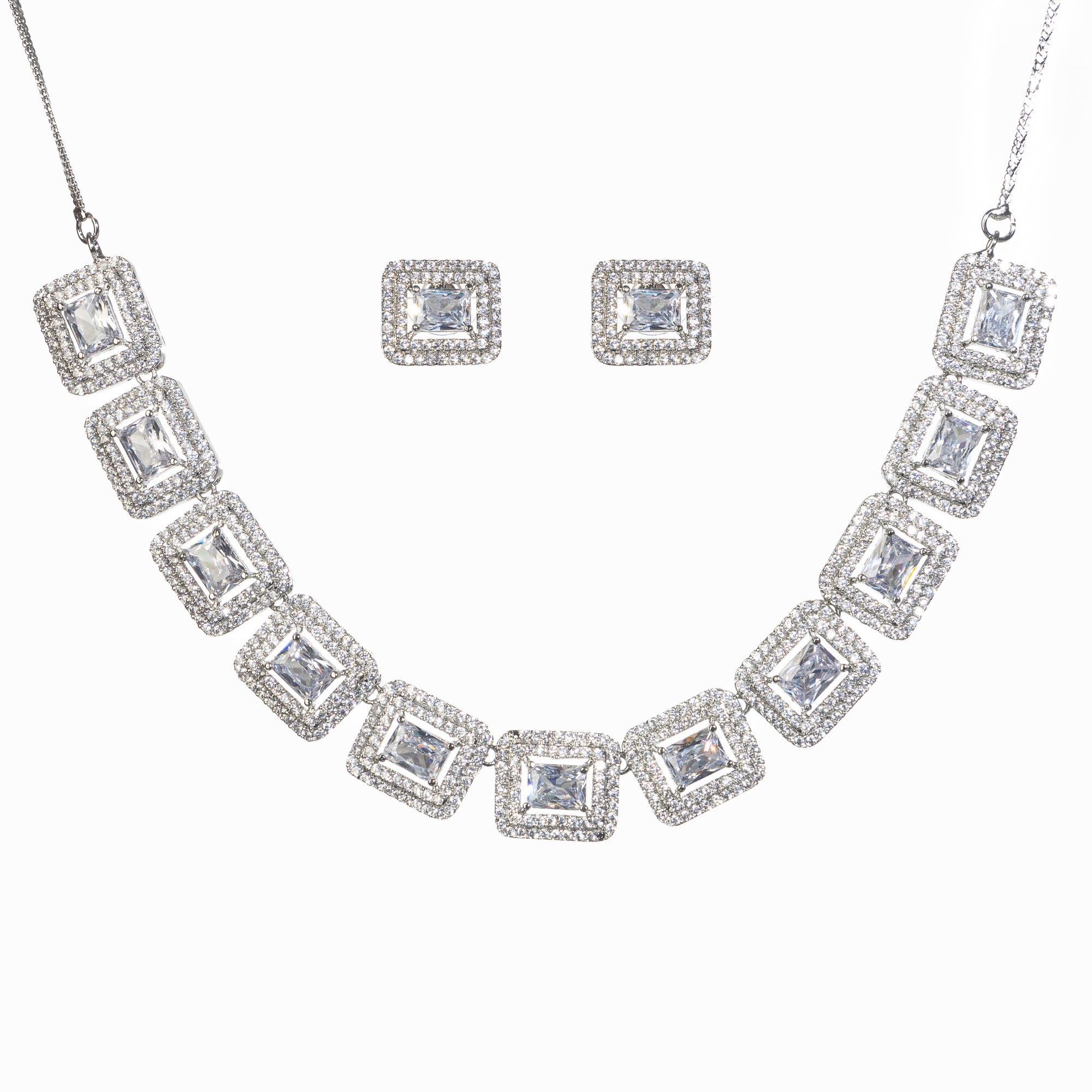 "White square zircon short necklace offers vibrant, chic elegance."