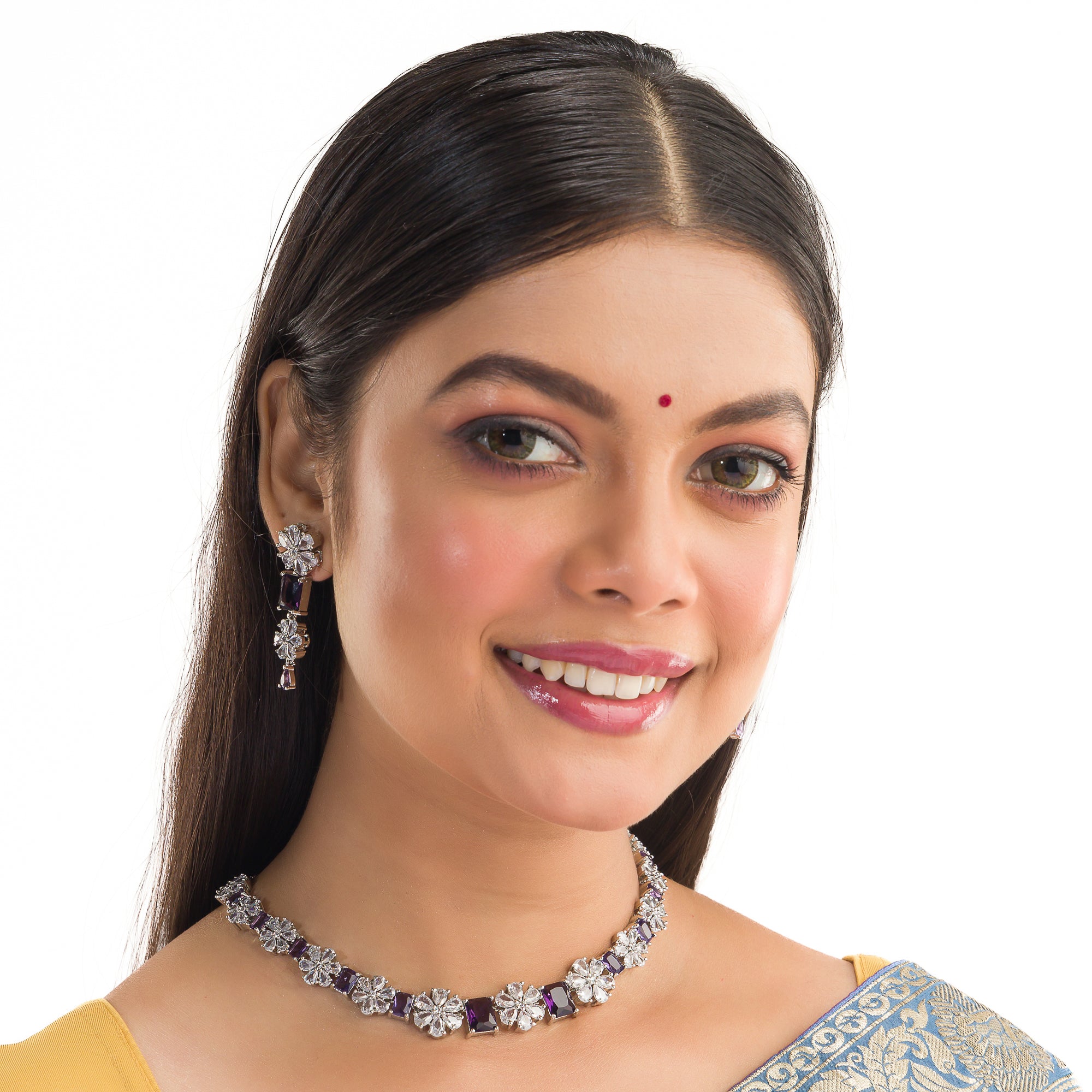 "Navy blue zircon short necklace delivers a sophisticated splash of color and sparkle."