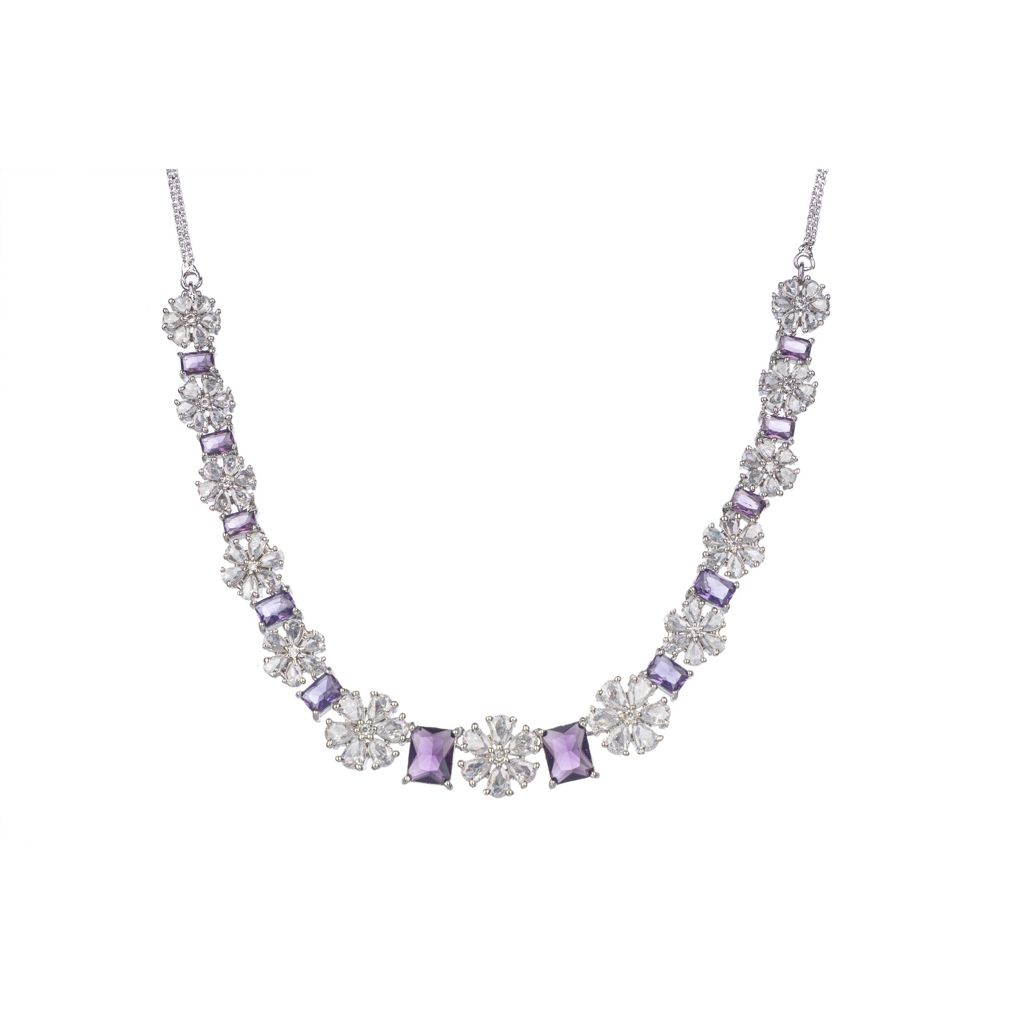 "Navy blue zircon short necklace delivers a sophisticated splash of color and sparkle."