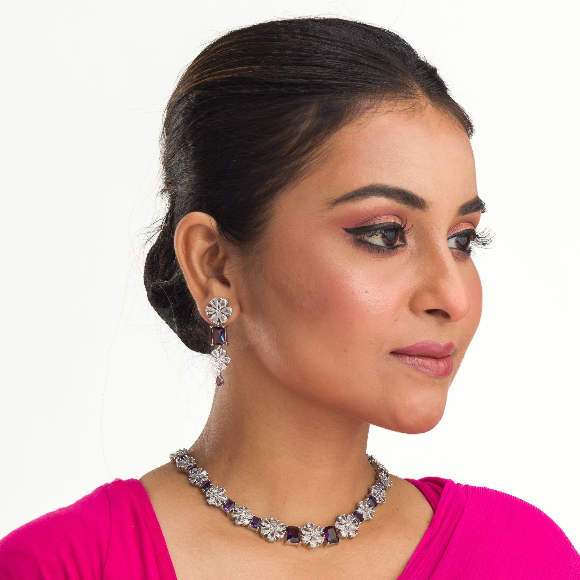 "Navy blue zircon short necklace delivers a sophisticated splash of color and sparkle."