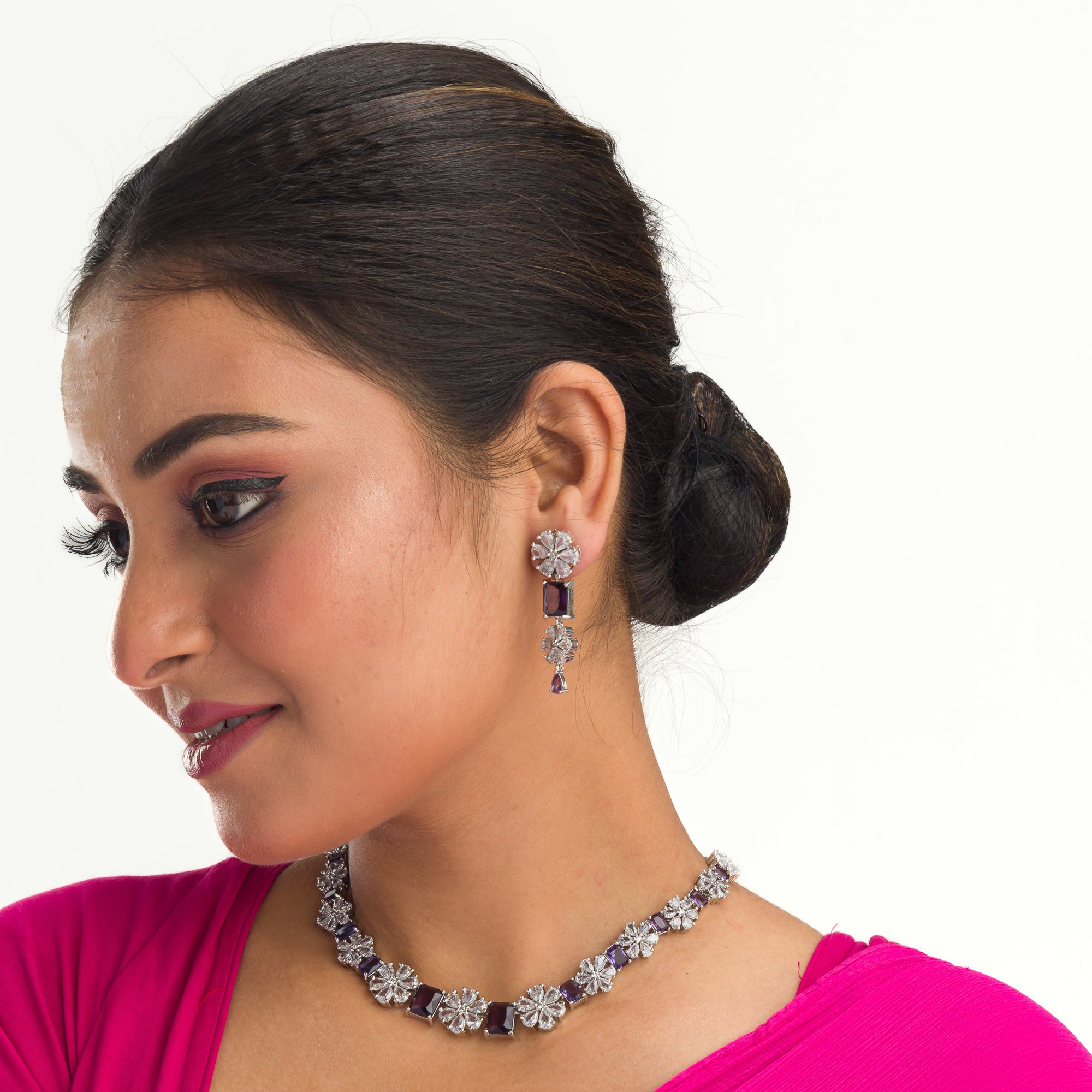 "Navy blue zircon short necklace delivers a sophisticated splash of color and sparkle."