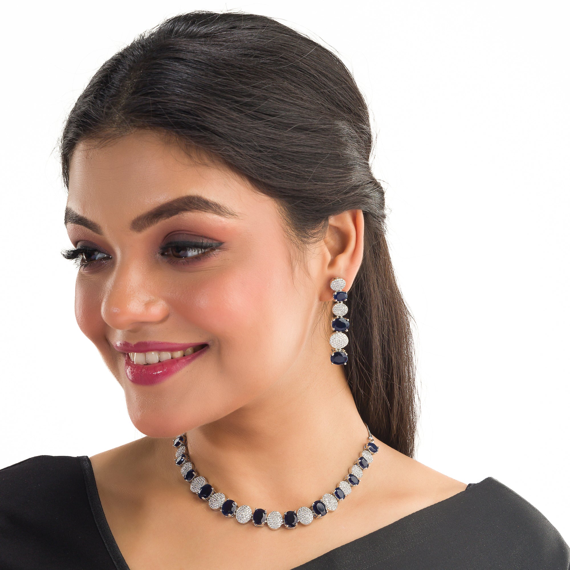 Navy blue zircon short necklace delivers a sophisticated splash of color and sparkle."