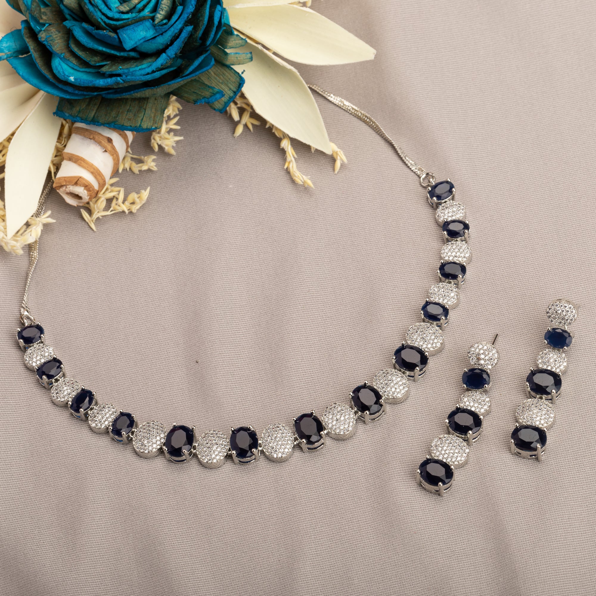 Navy blue zircon short necklace delivers a sophisticated splash of color and sparkle."