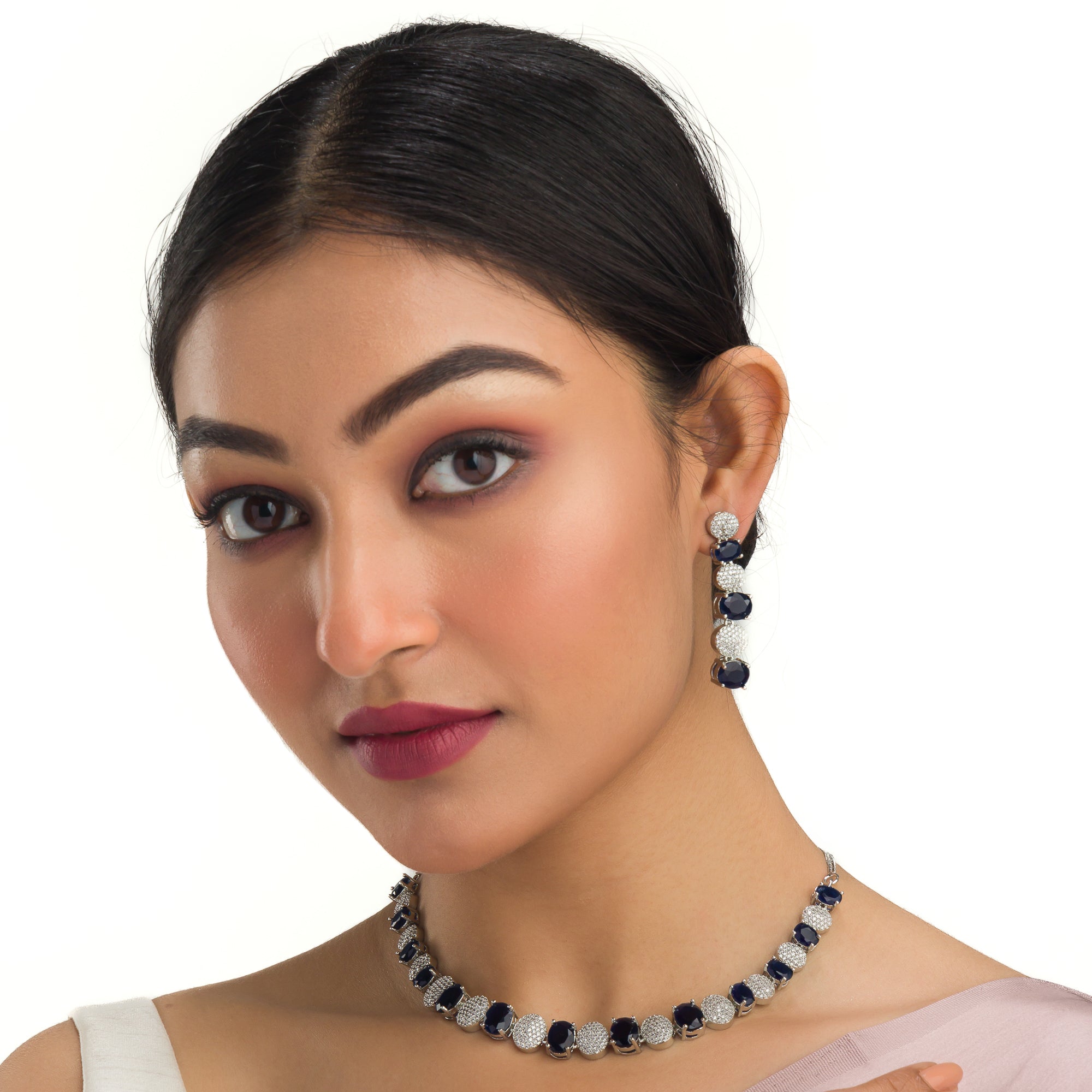 Navy blue zircon short necklace delivers a sophisticated splash of color and sparkle."