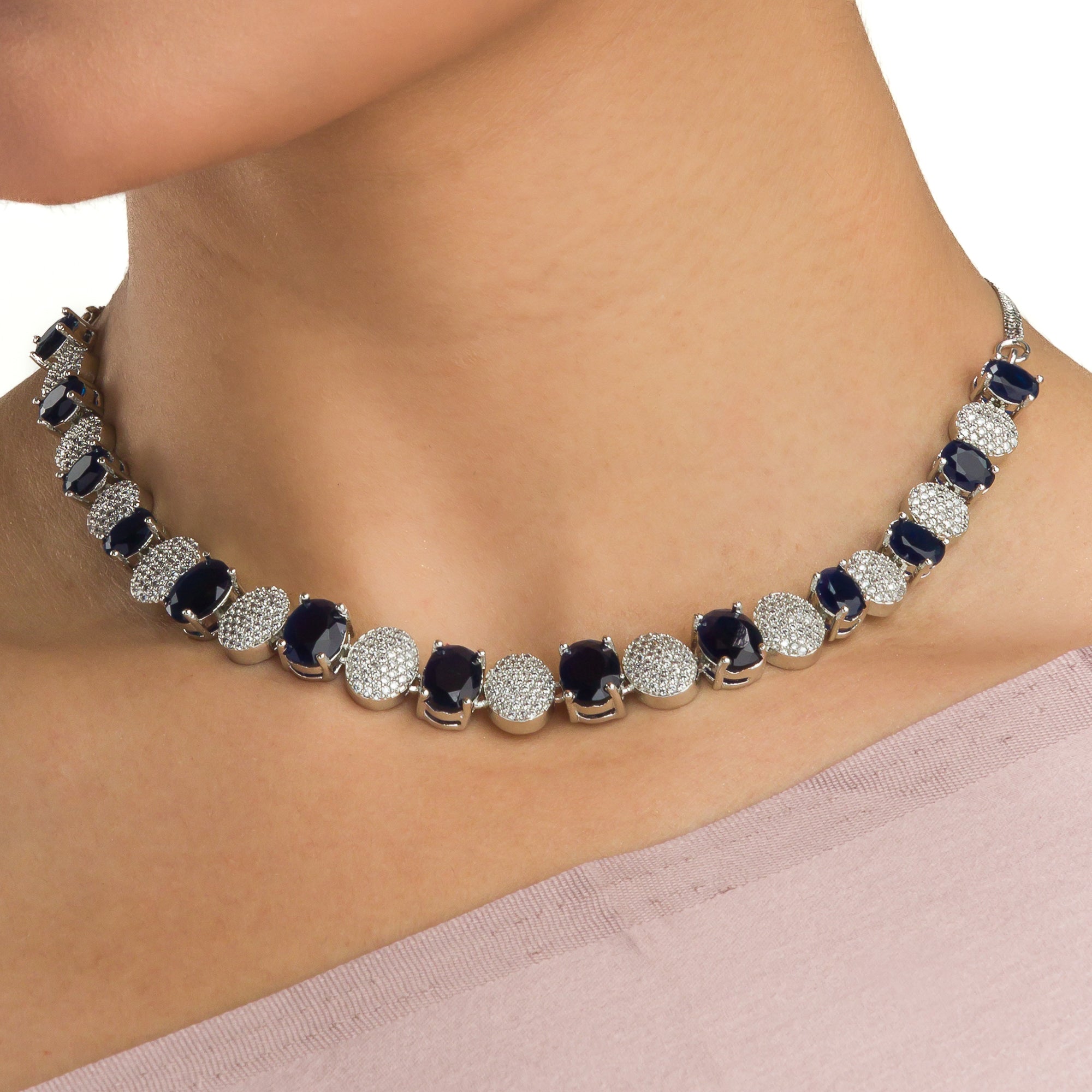 Navy blue zircon short necklace delivers a sophisticated splash of color and sparkle."