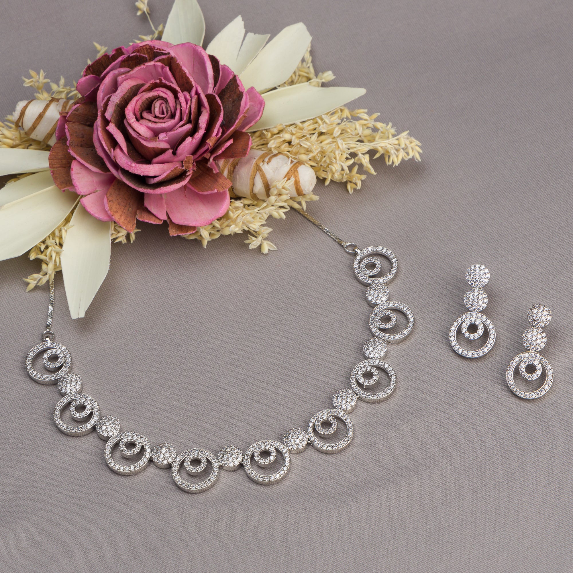 "White zircon necklace exudes classic elegance with sparkling clarity."