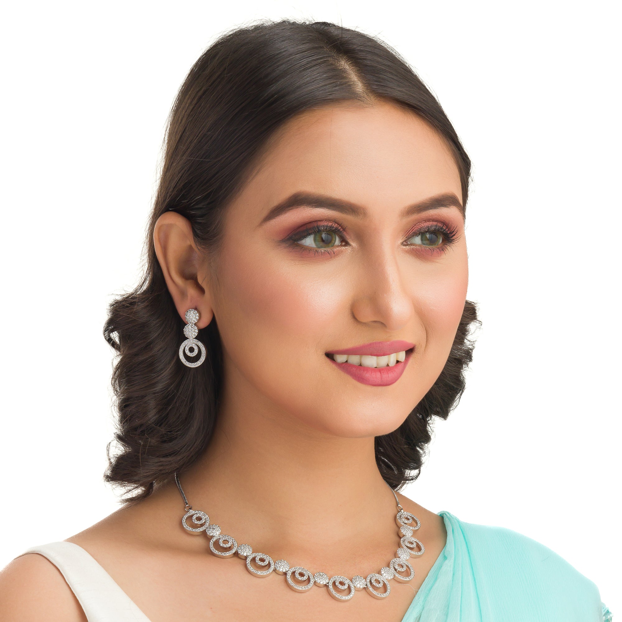 "White zircon necklace exudes classic elegance with sparkling clarity."