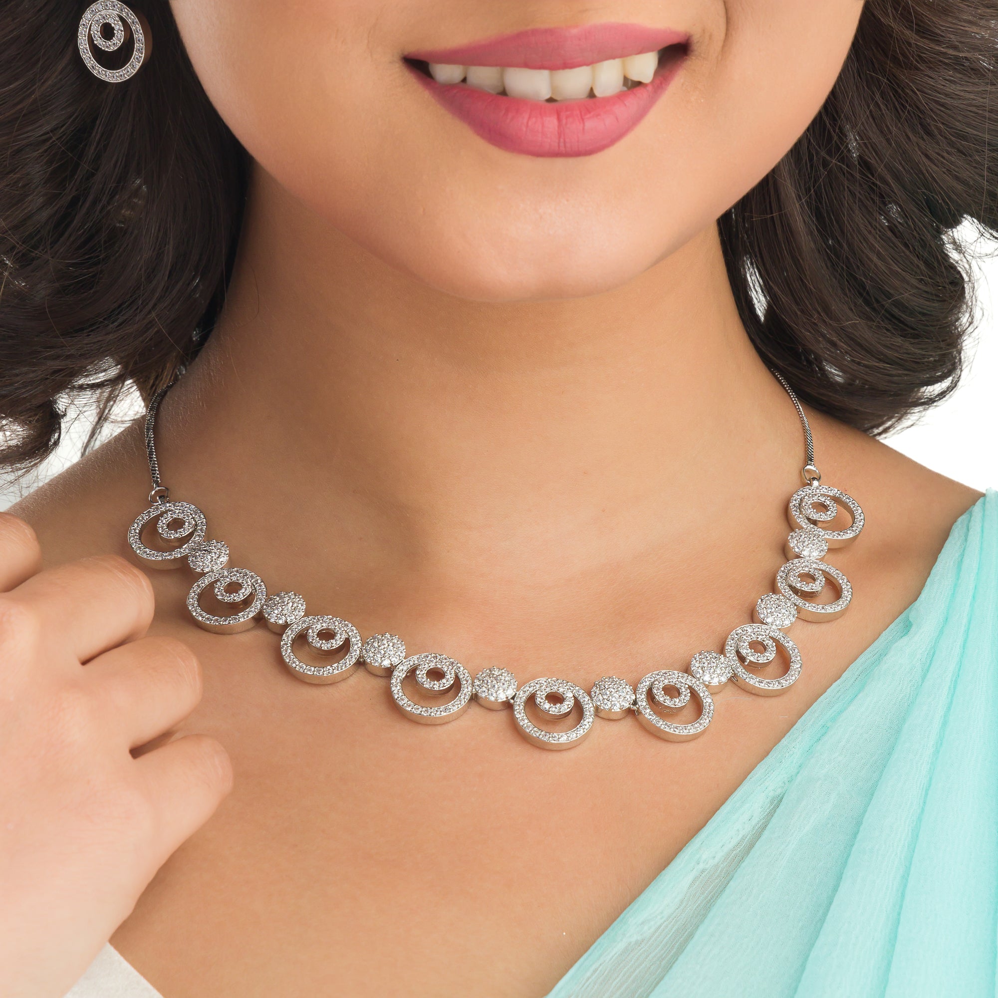 "White zircon necklace exudes classic elegance with sparkling clarity."
