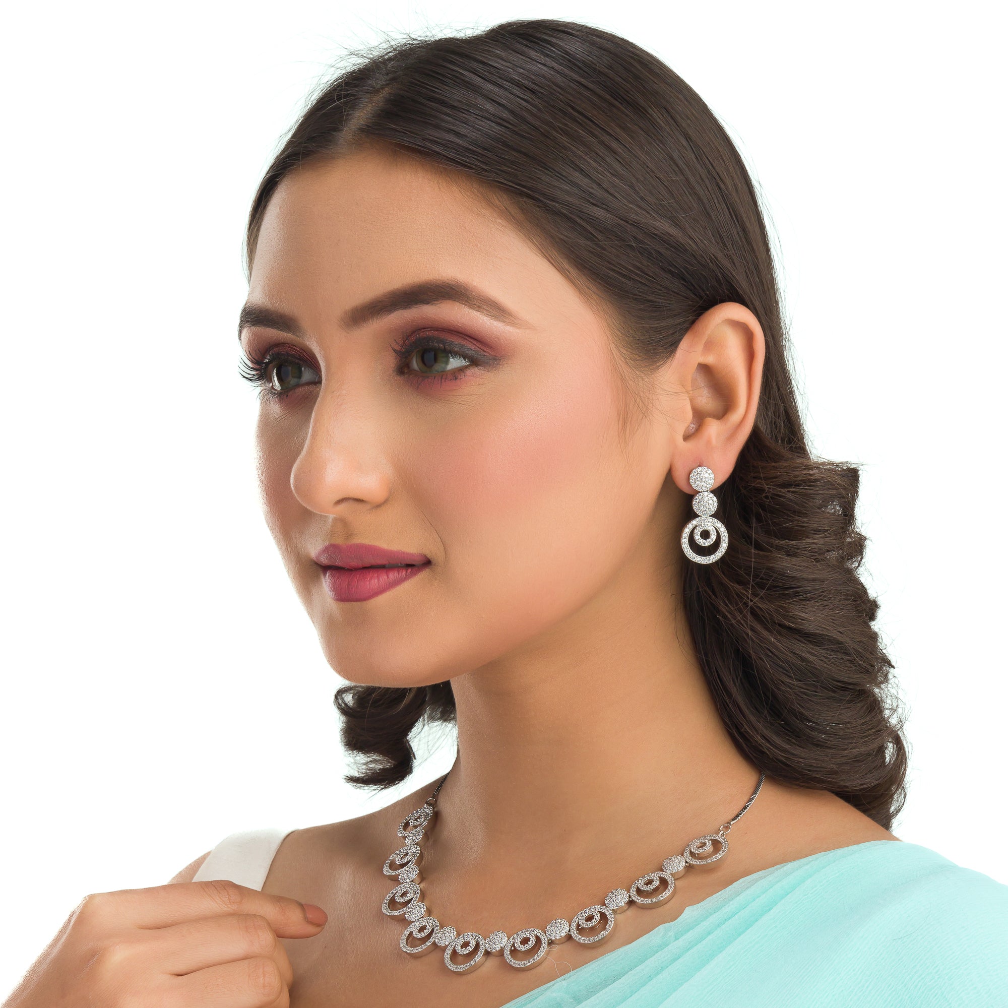 "White zircon necklace exudes classic elegance with sparkling clarity."