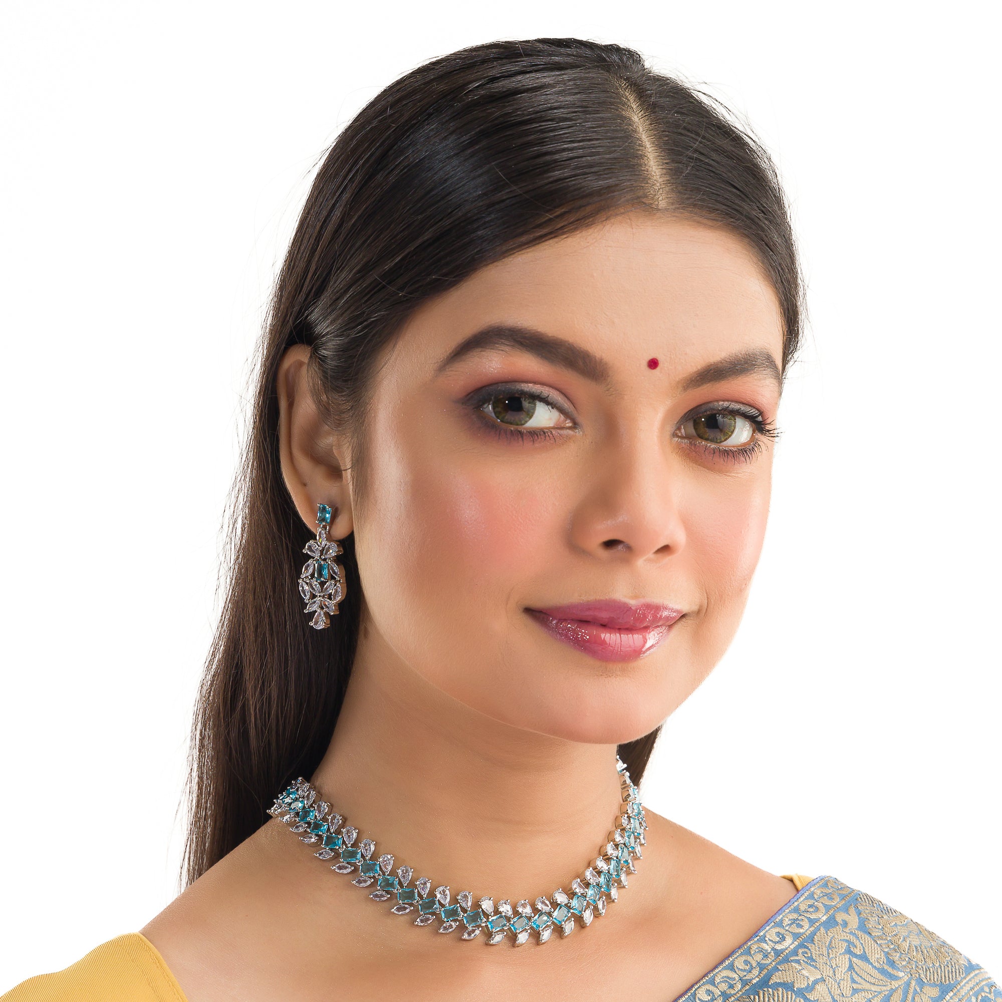 "Aqua blue zircon necklace with square stone offers a vibrant, stylish touch."