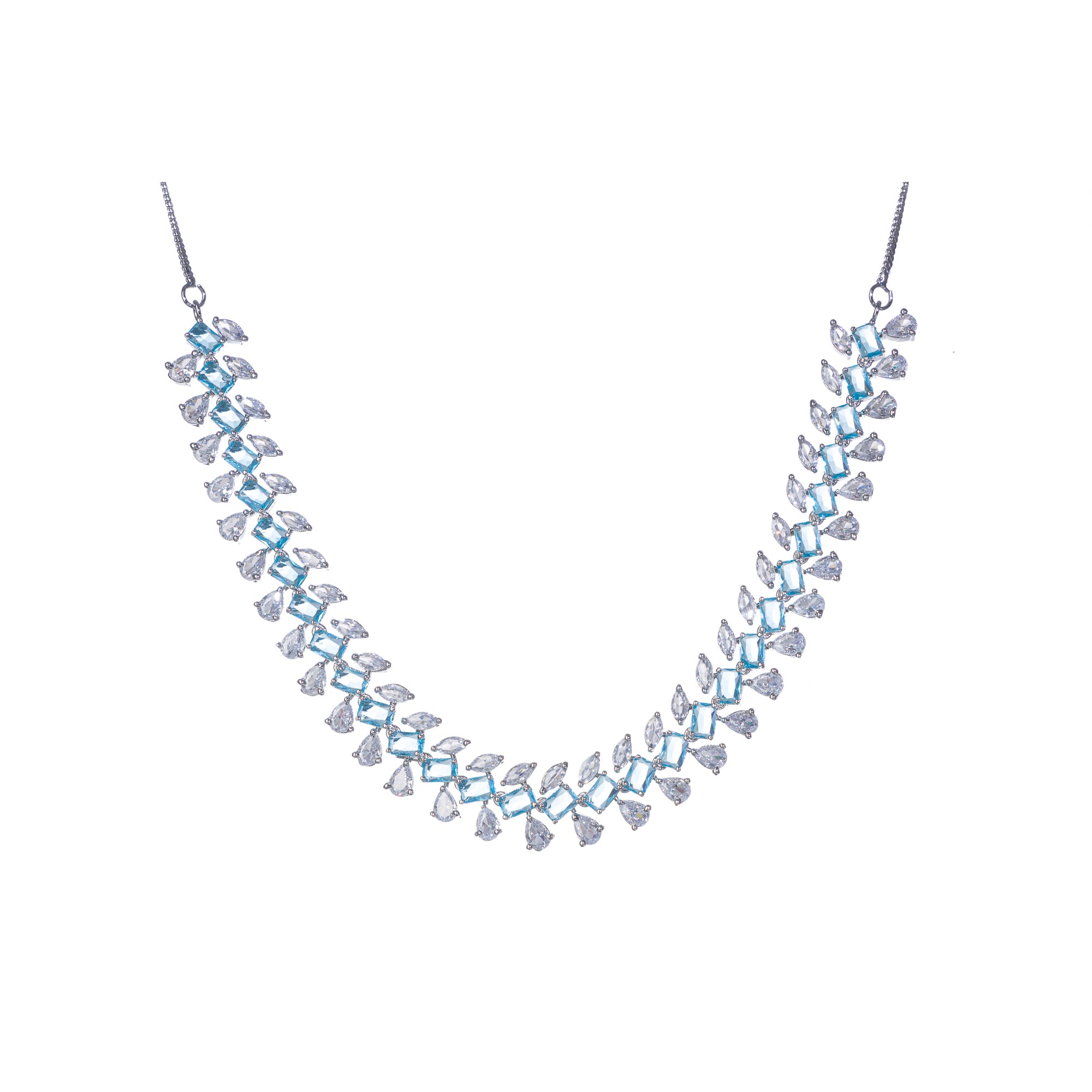 "Aqua blue zircon necklace with square stone offers a vibrant, stylish touch."