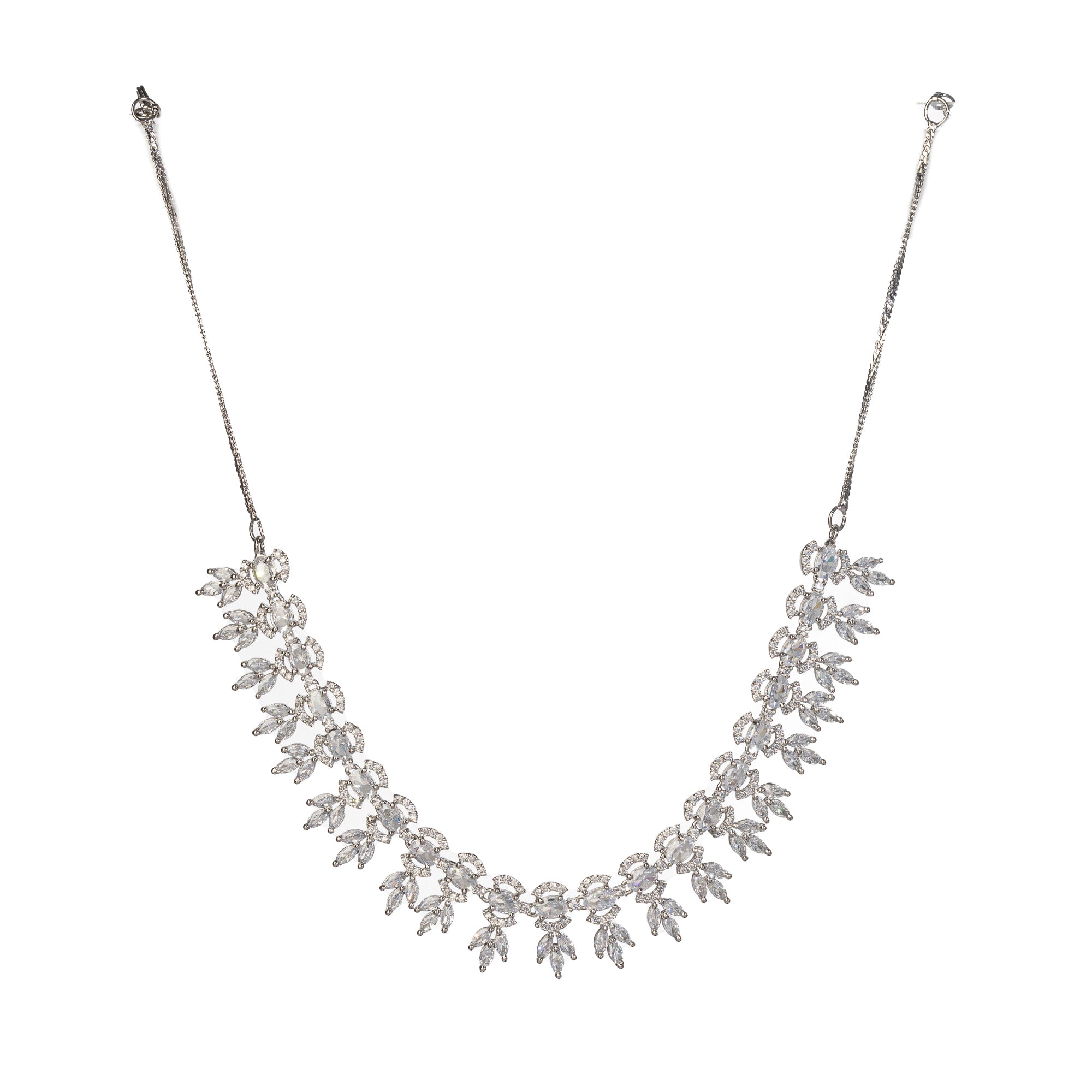 "White zircon necklace adds classic elegance with sparkling clarity.