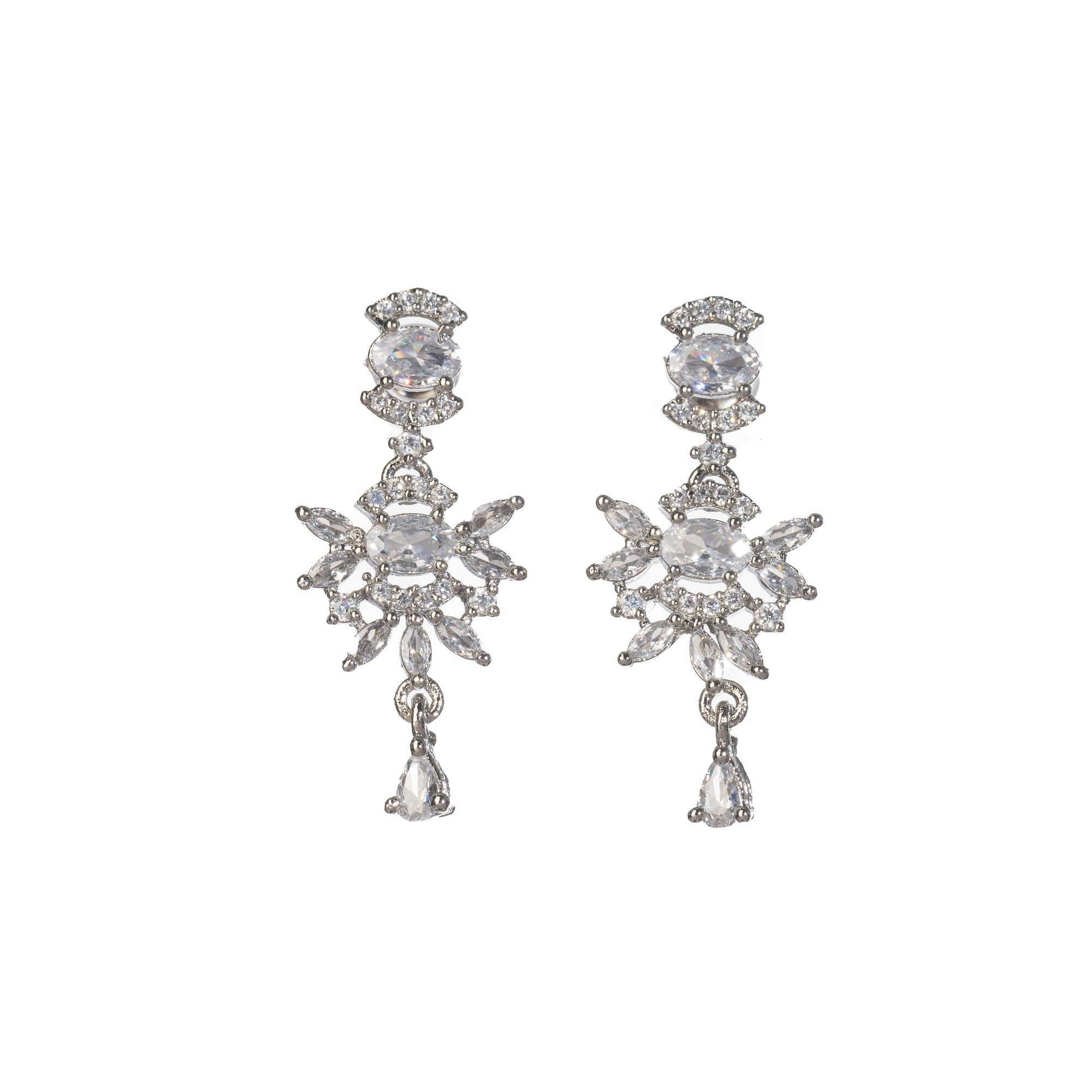 "White zircon necklace adds classic elegance with sparkling clarity.