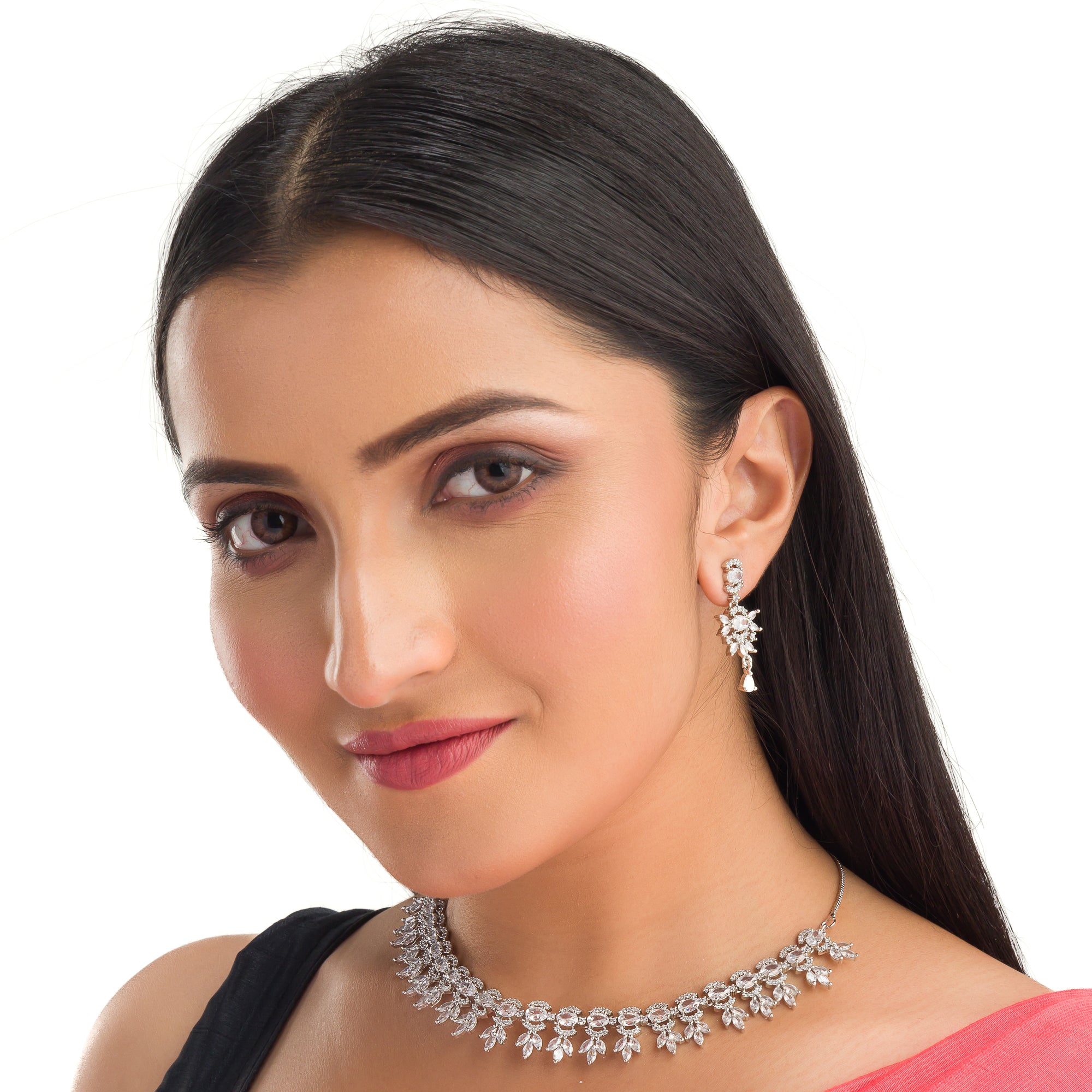 "White zircon necklace adds classic elegance with sparkling clarity.