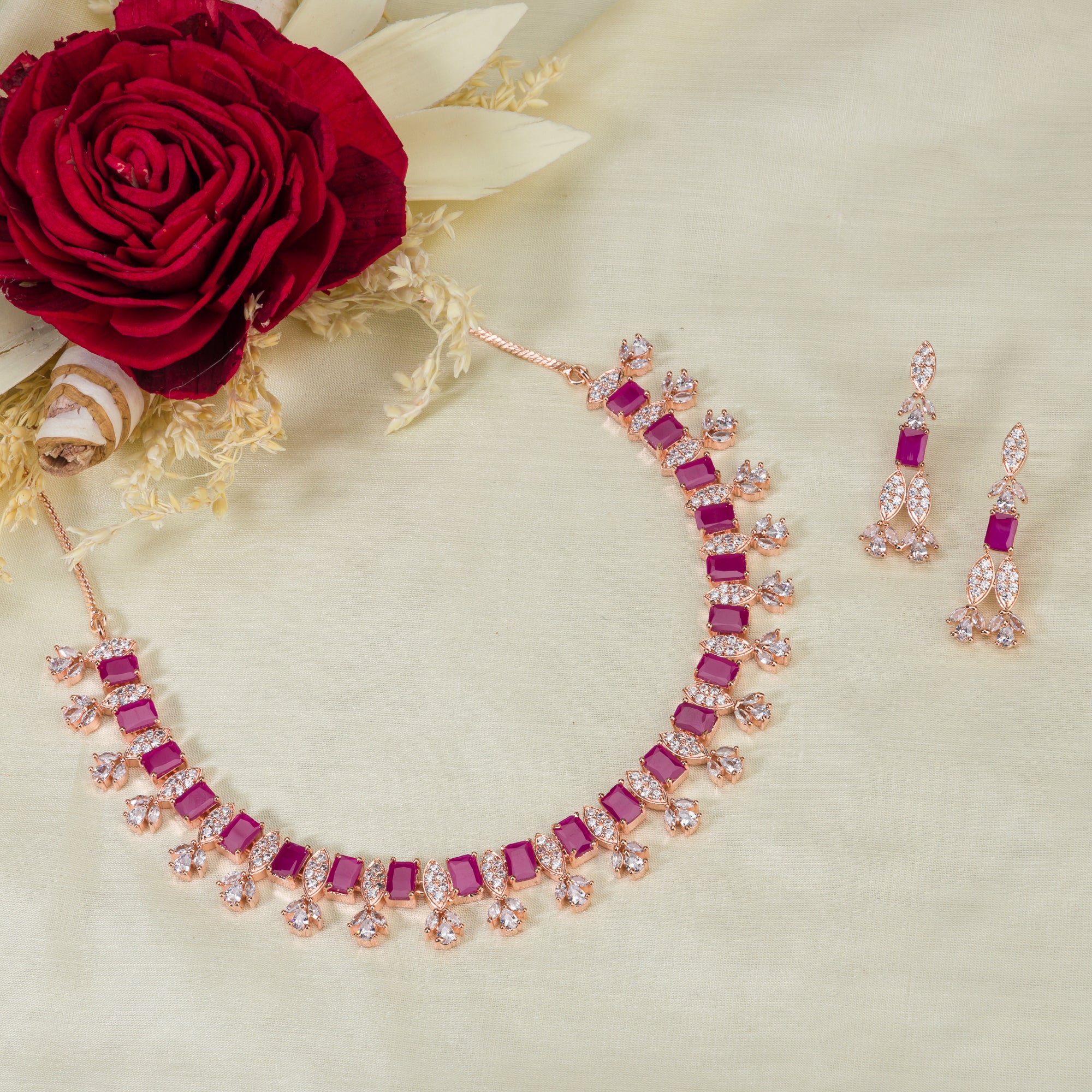 "Rose gold zircon necklace exudes timeless elegance with a warm, radiant shine."