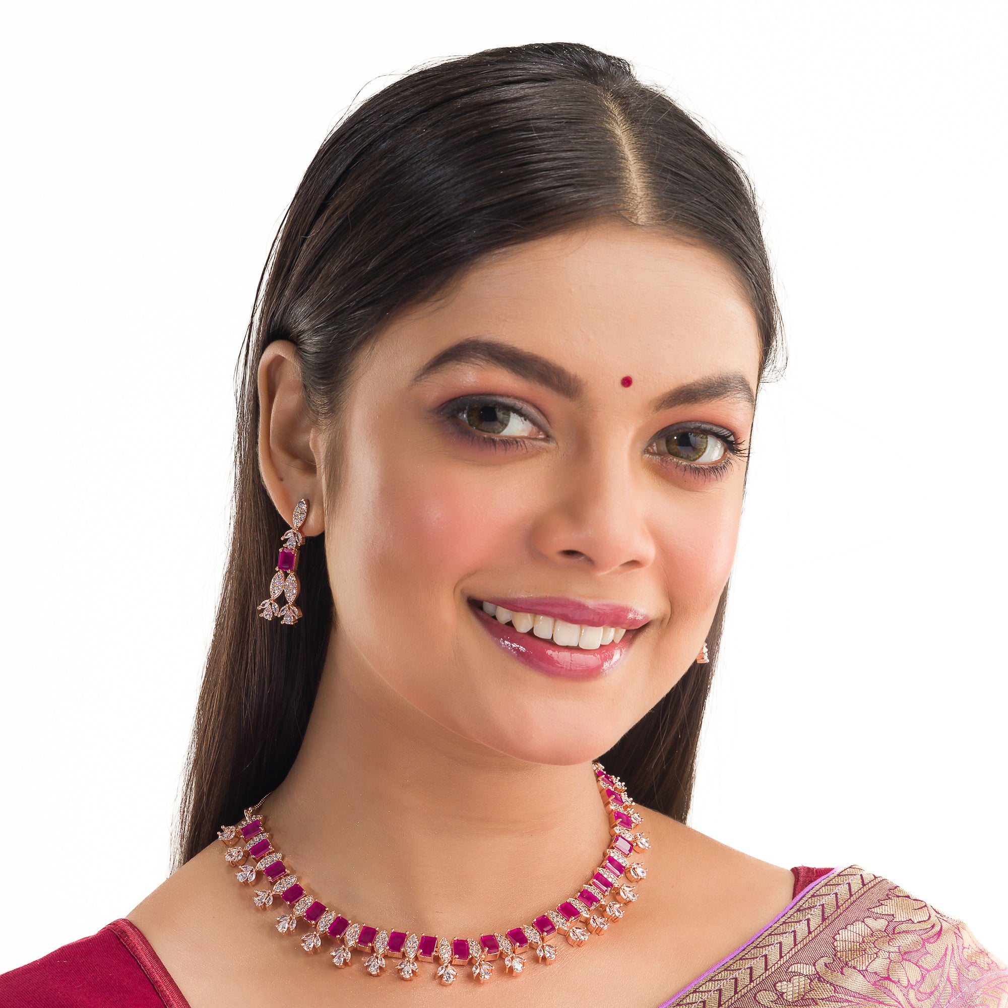 "Rose gold zircon necklace exudes timeless elegance with a warm, radiant shine."