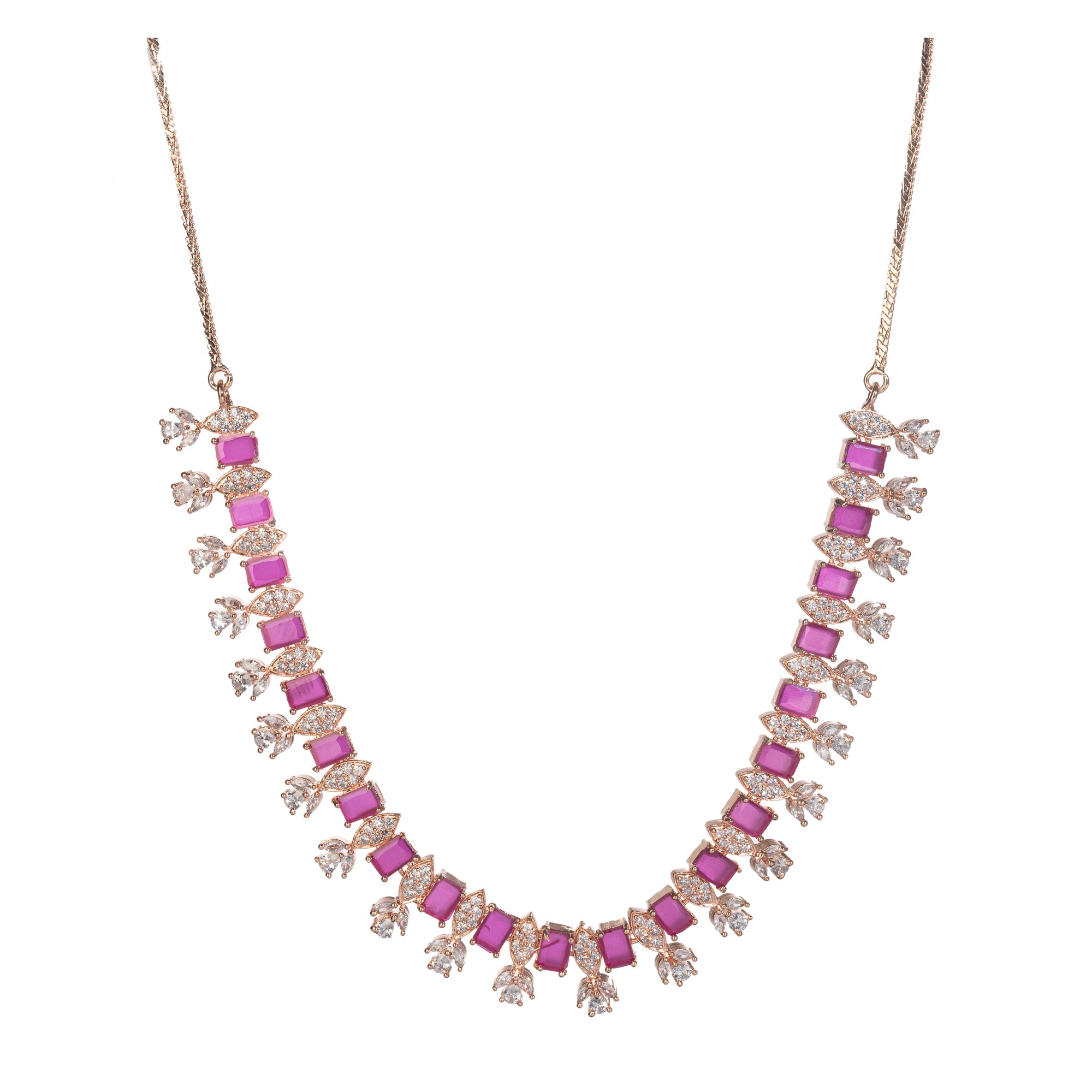 "Rose gold zircon necklace exudes timeless elegance with a warm, radiant shine."