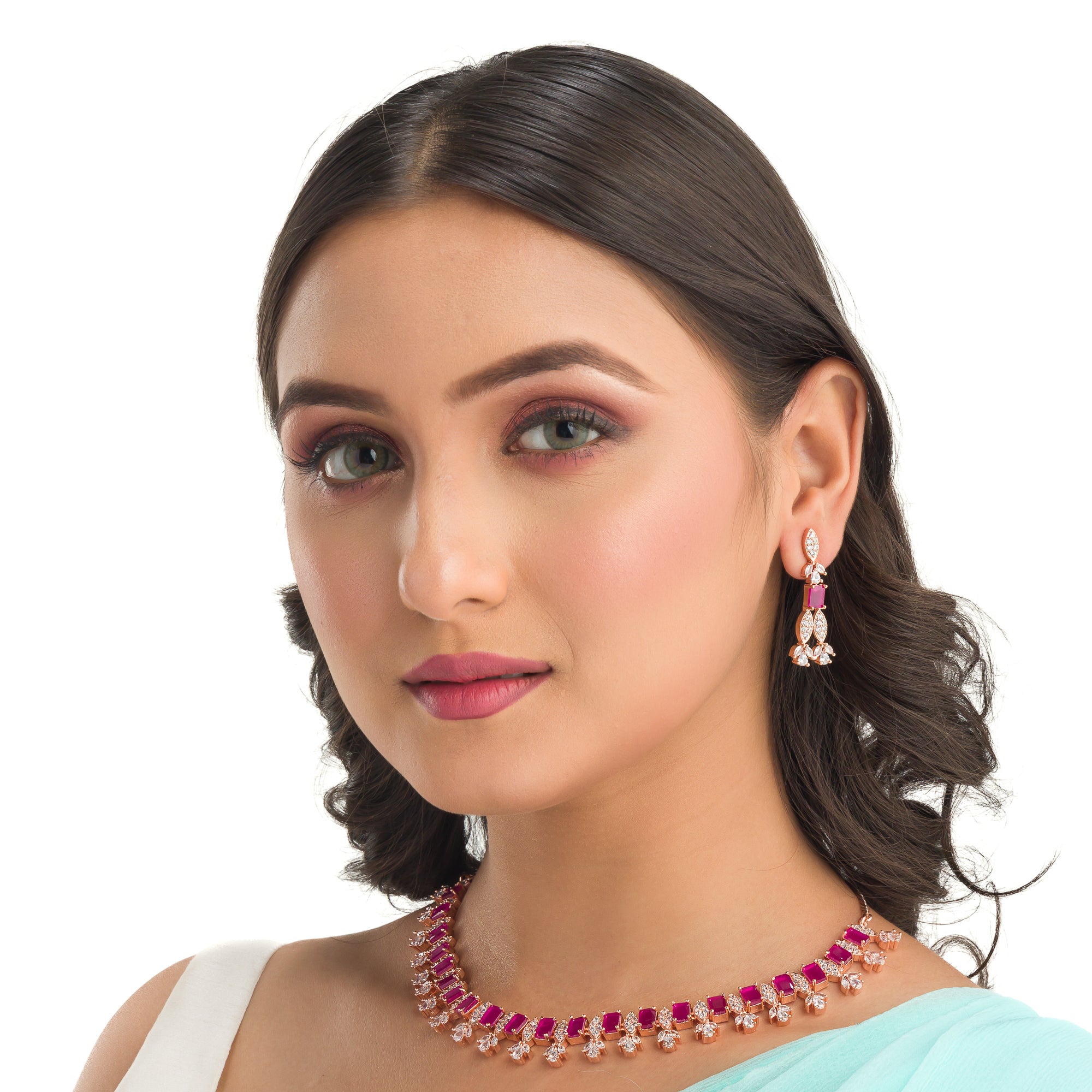 "Rose gold zircon necklace exudes timeless elegance with a warm, radiant shine."