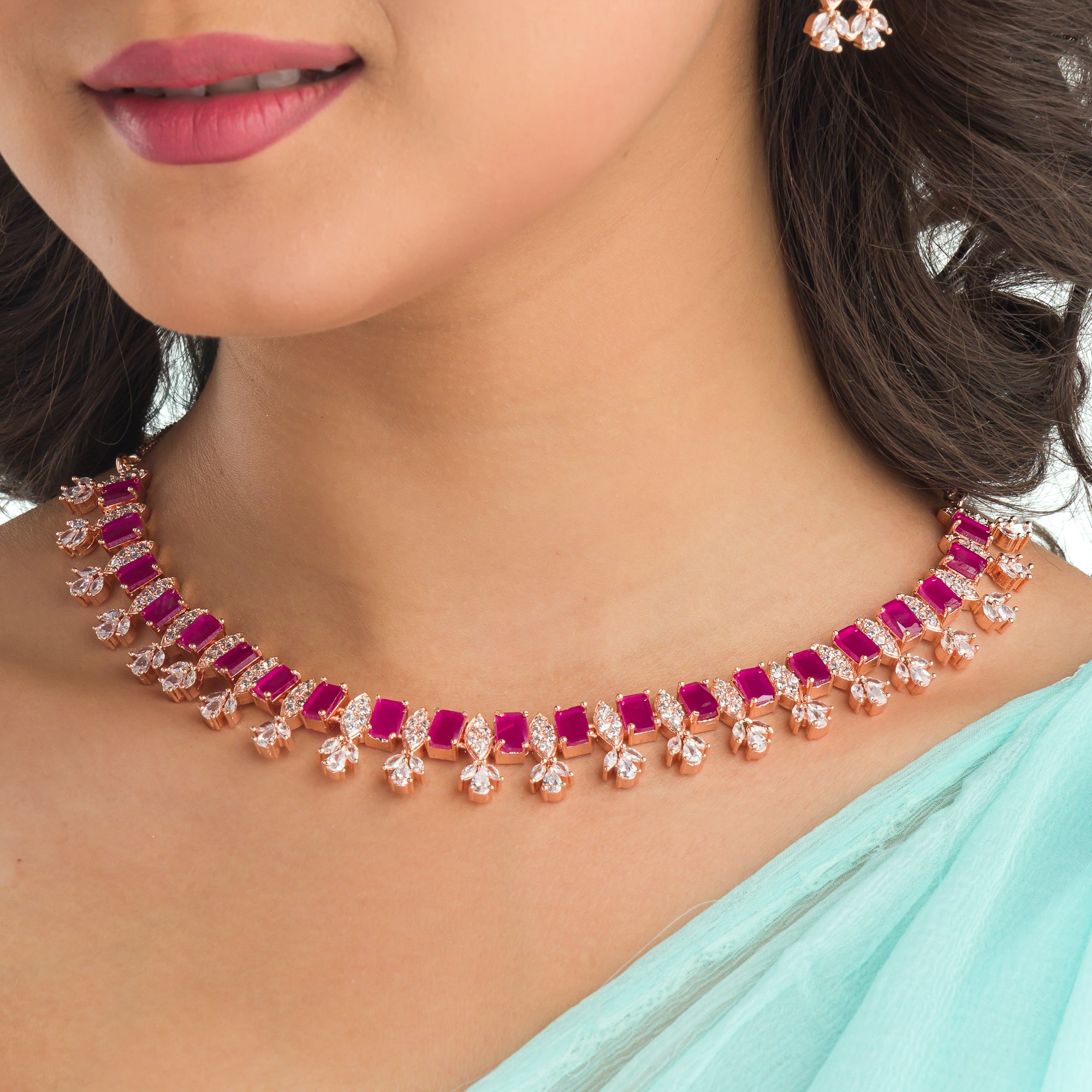 "Rose gold zircon necklace exudes timeless elegance with a warm, radiant shine."