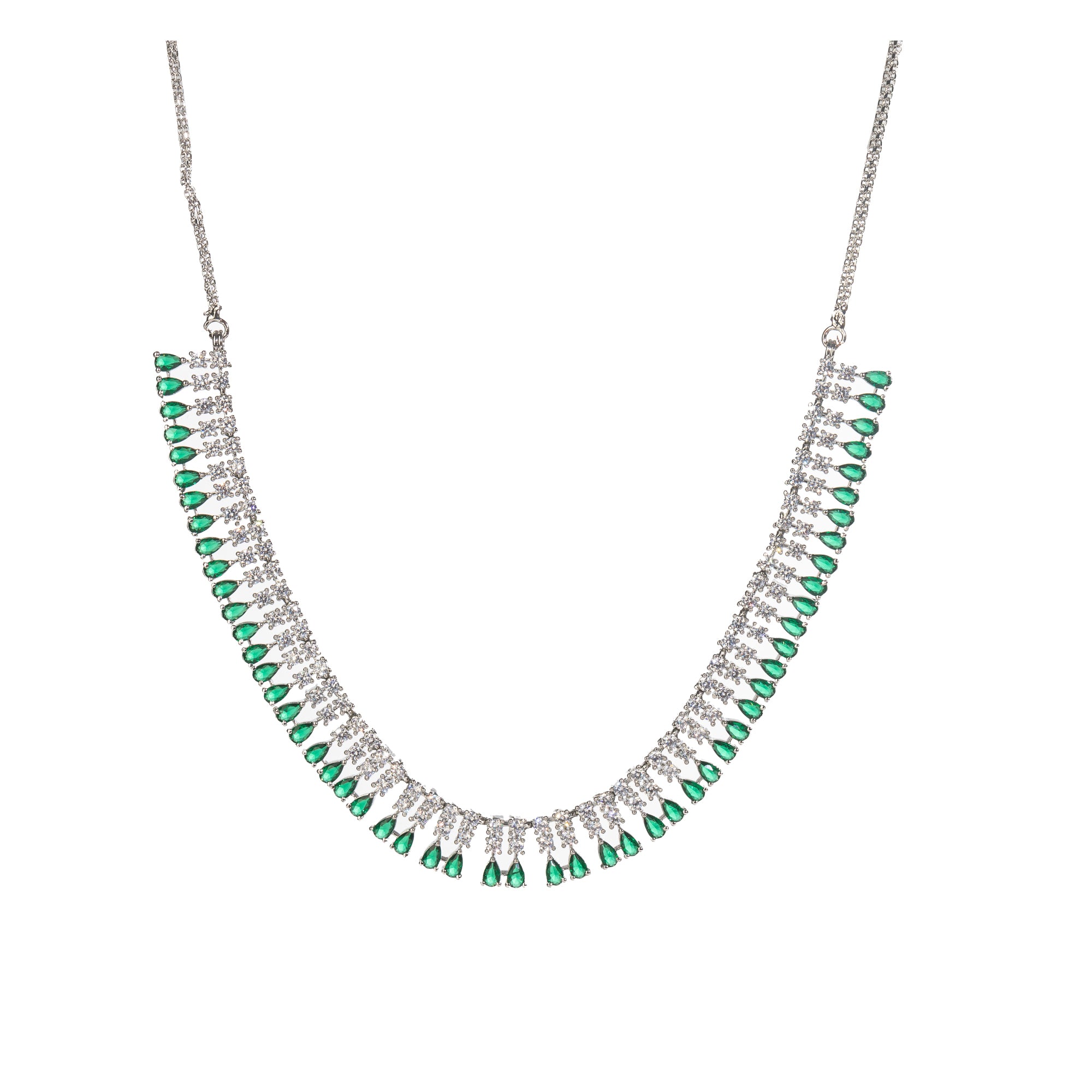 "Zircon necklace with white and green stones adds a vibrant, elegant touch."