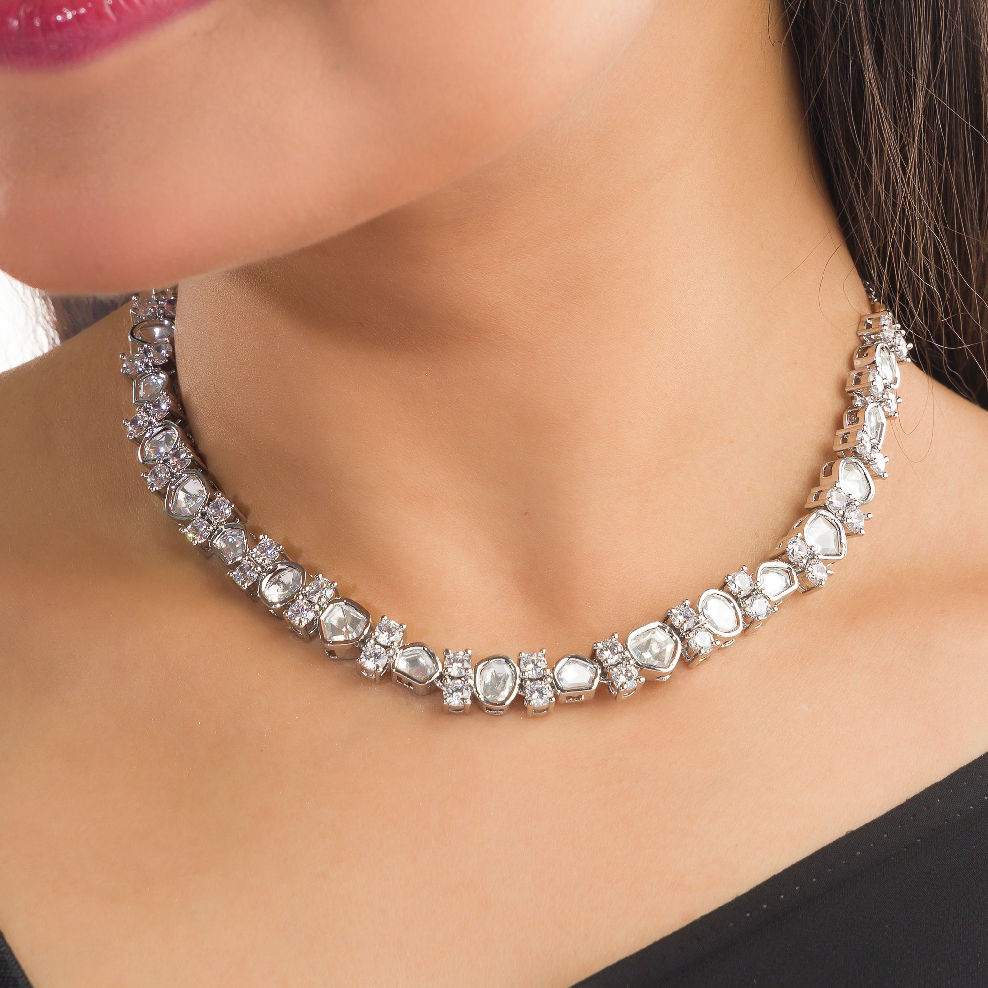 "Understated zircon necklace offers classic elegance and sparkle."