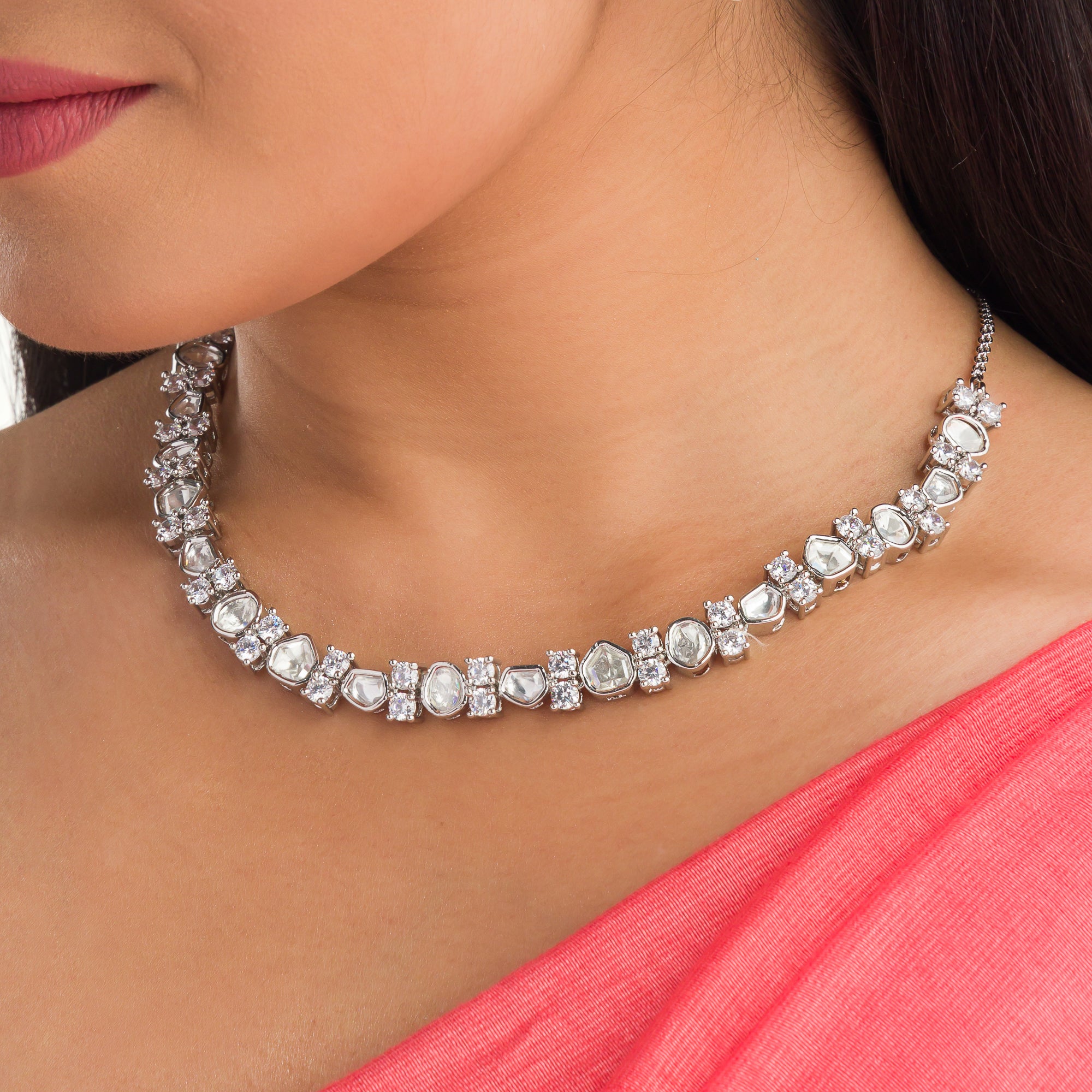 "Understated zircon necklace offers classic elegance and sparkle."