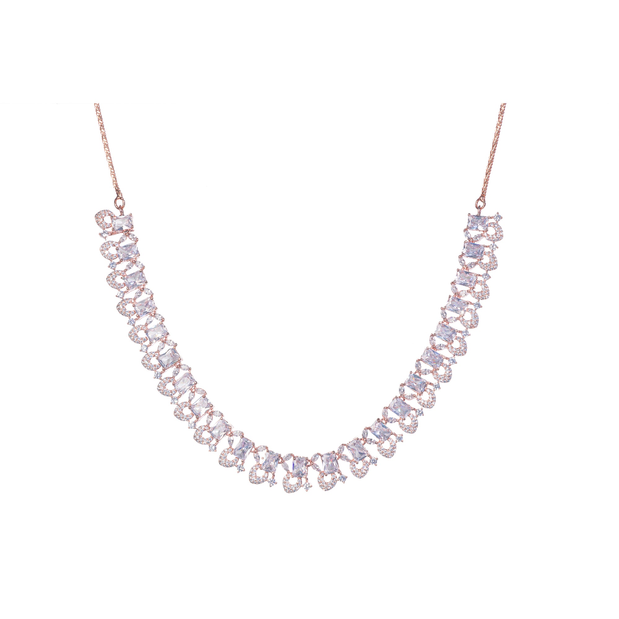 "Understated zircon necklace in silver and rose gold adds timeless elegance."