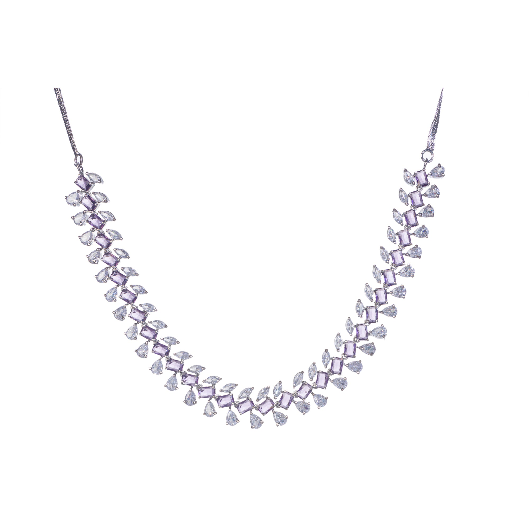 "Navy blue zircon necklace in rose gold offers deep, elegant allure and sophistication."