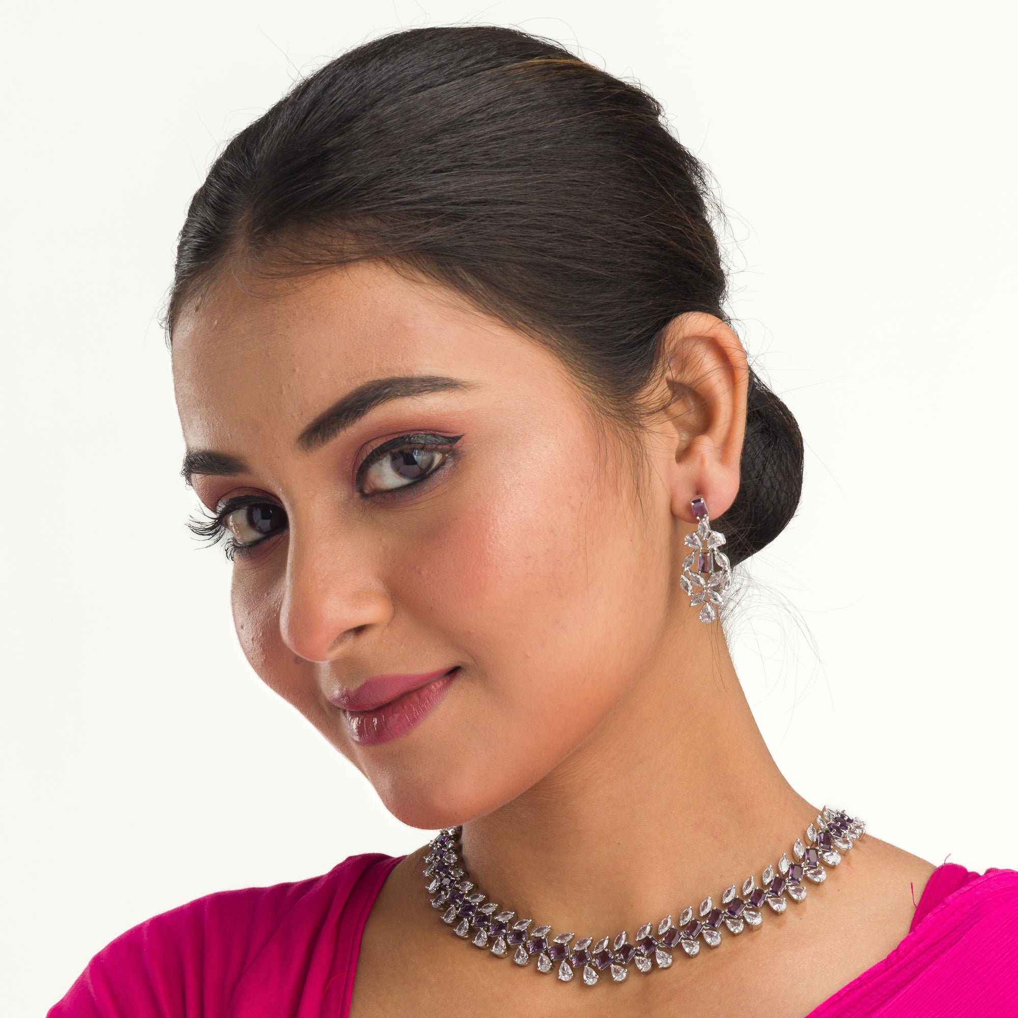 "Navy blue zircon necklace in rose gold offers deep, elegant allure and sophistication."