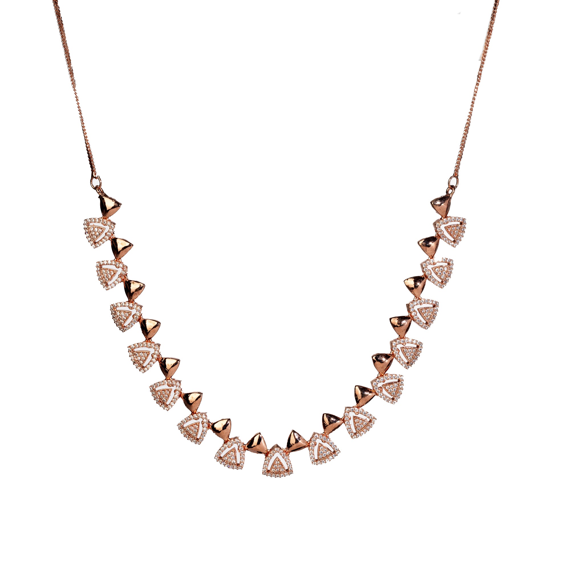 "Triangular rose gold zircon necklace adds sleek, modern sophistication to your look."