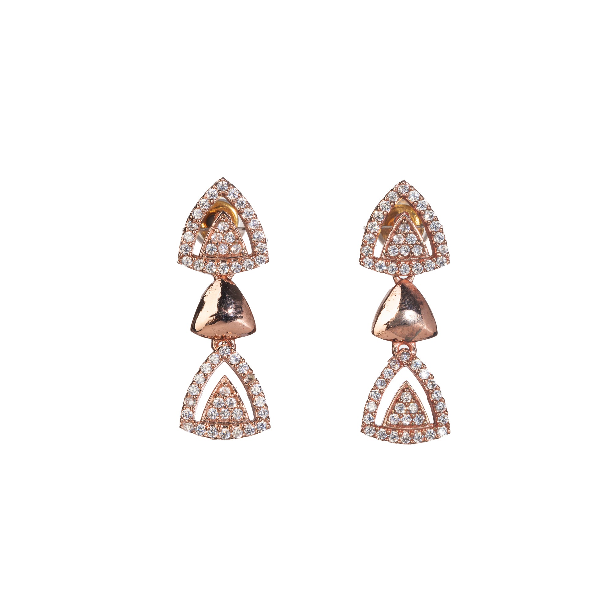 "Triangular rose gold zircon necklace adds sleek, modern sophistication to your look."