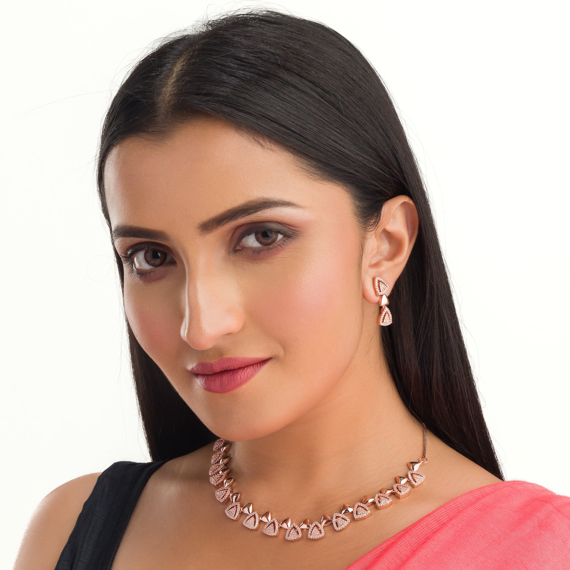 "Triangular rose gold zircon necklace adds sleek, modern sophistication to your look."