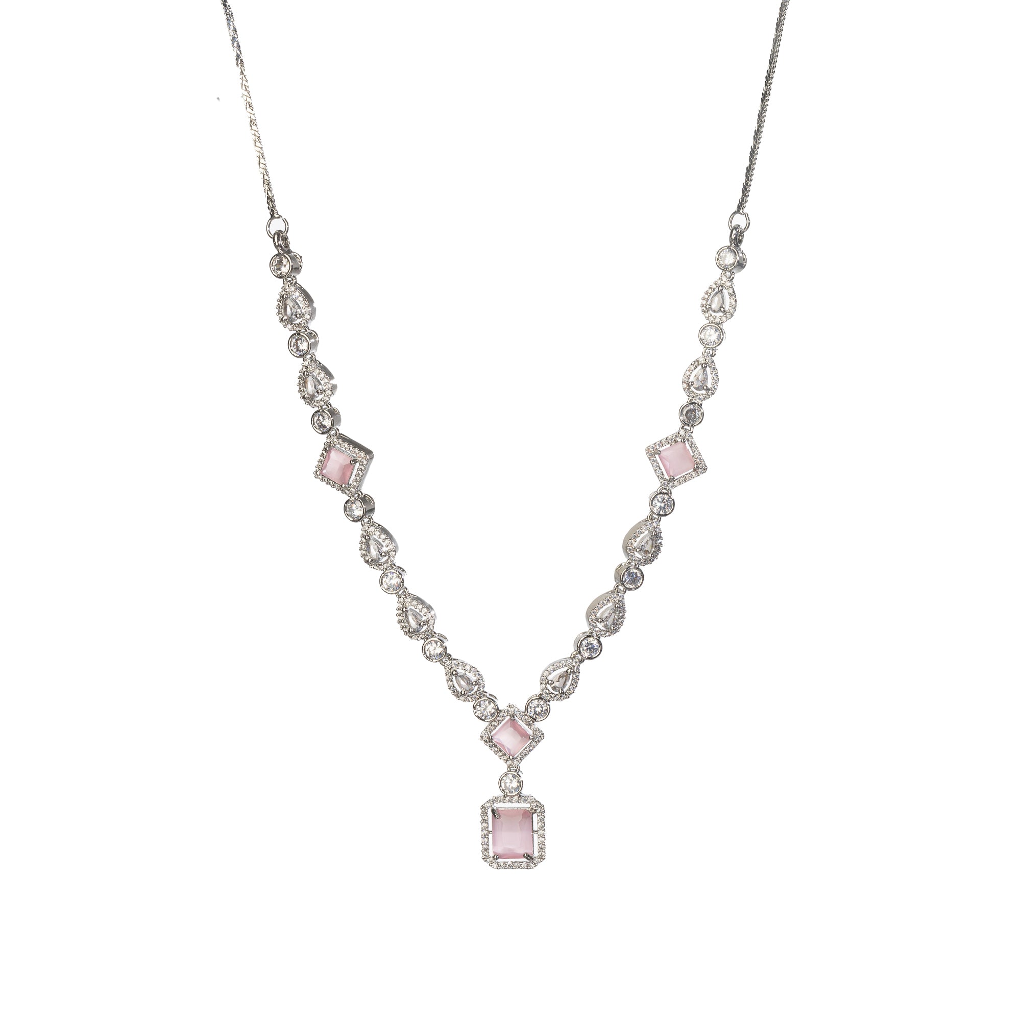 "Pink zircon necklace with square stone adds a bold, elegant touch to any outfit."