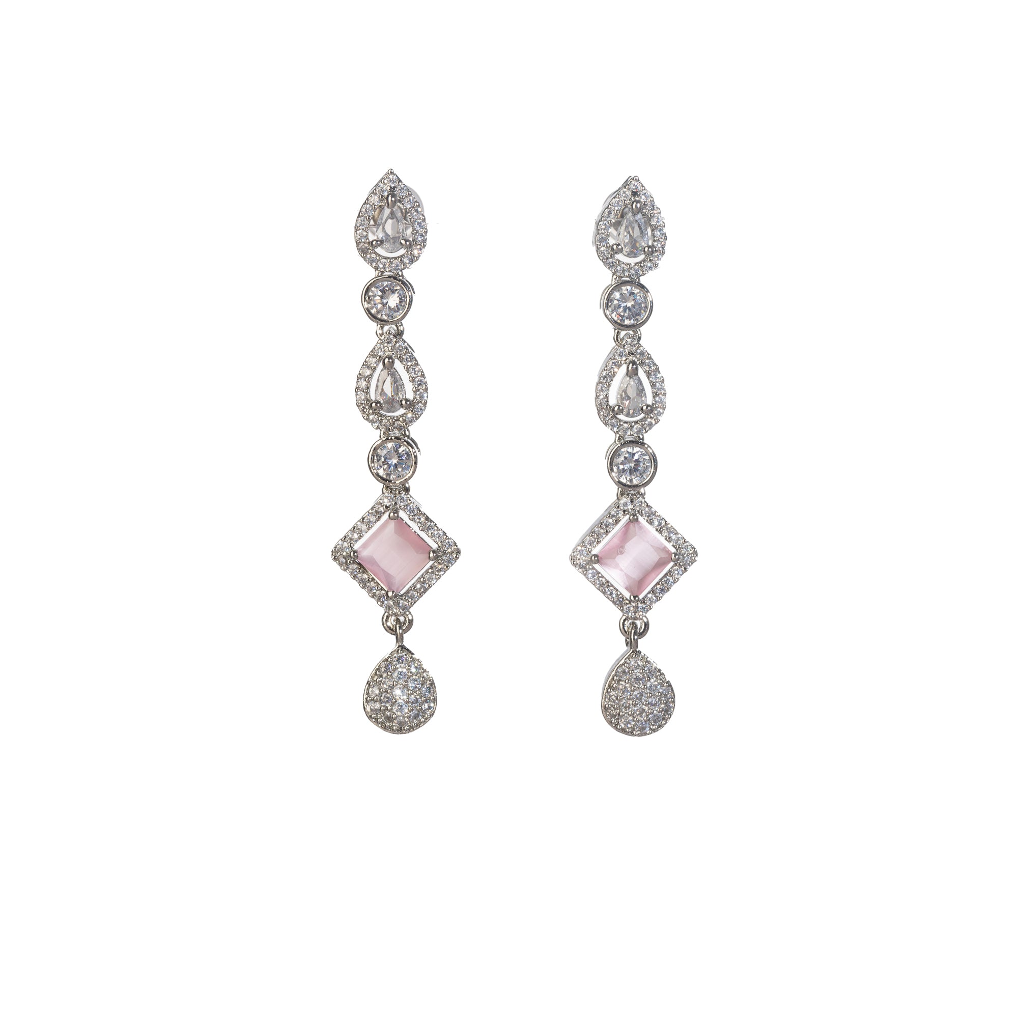 "Pink zircon necklace with square stone adds a bold, elegant touch to any outfit."