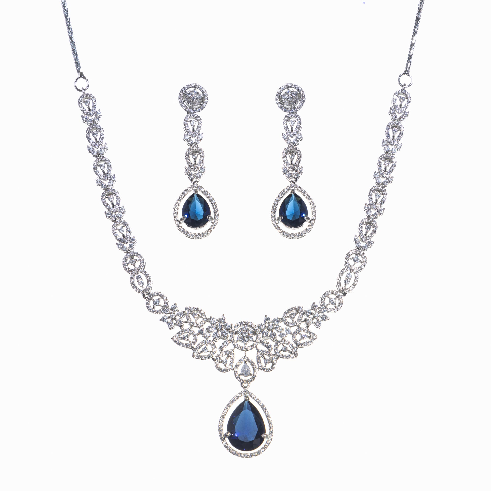 "Navy blue zircon necklace with large stone makes a bold, elegant statement for any occasion."