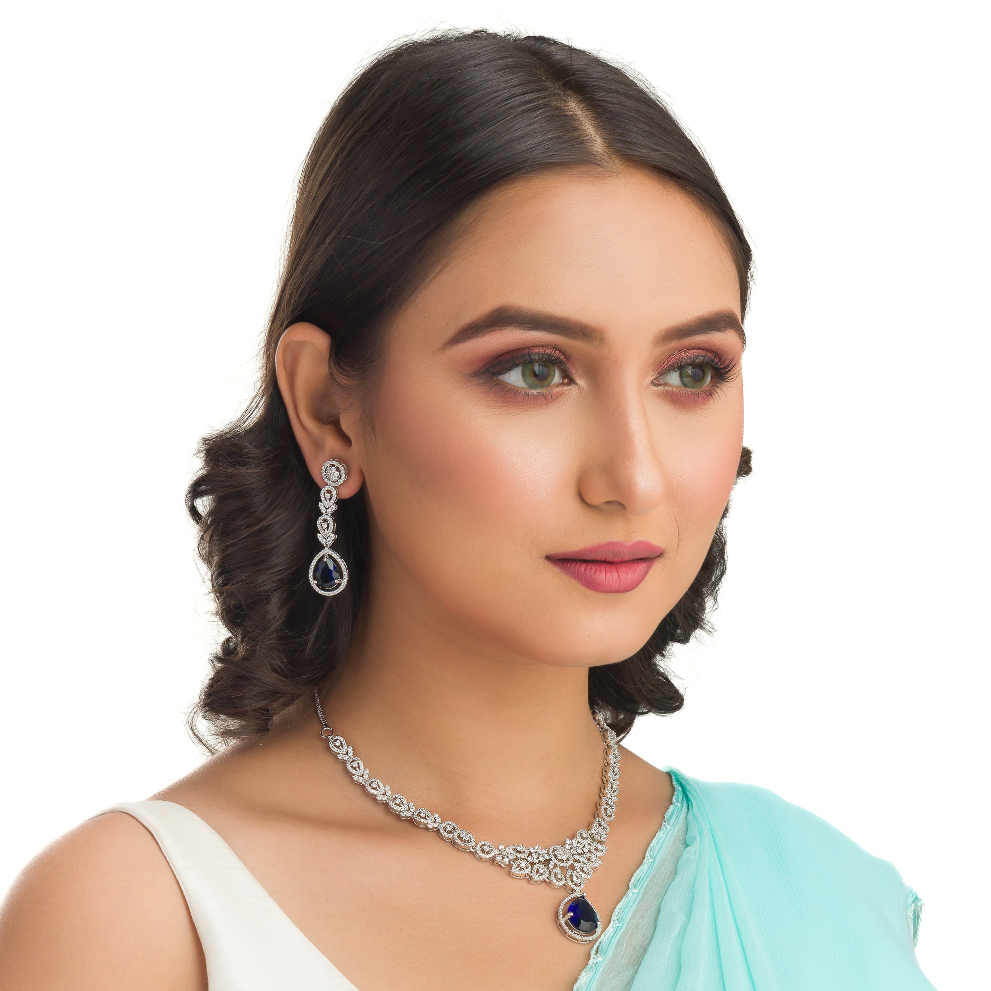 "Navy blue zircon necklace with large stone makes a bold, elegant statement for any occasion."