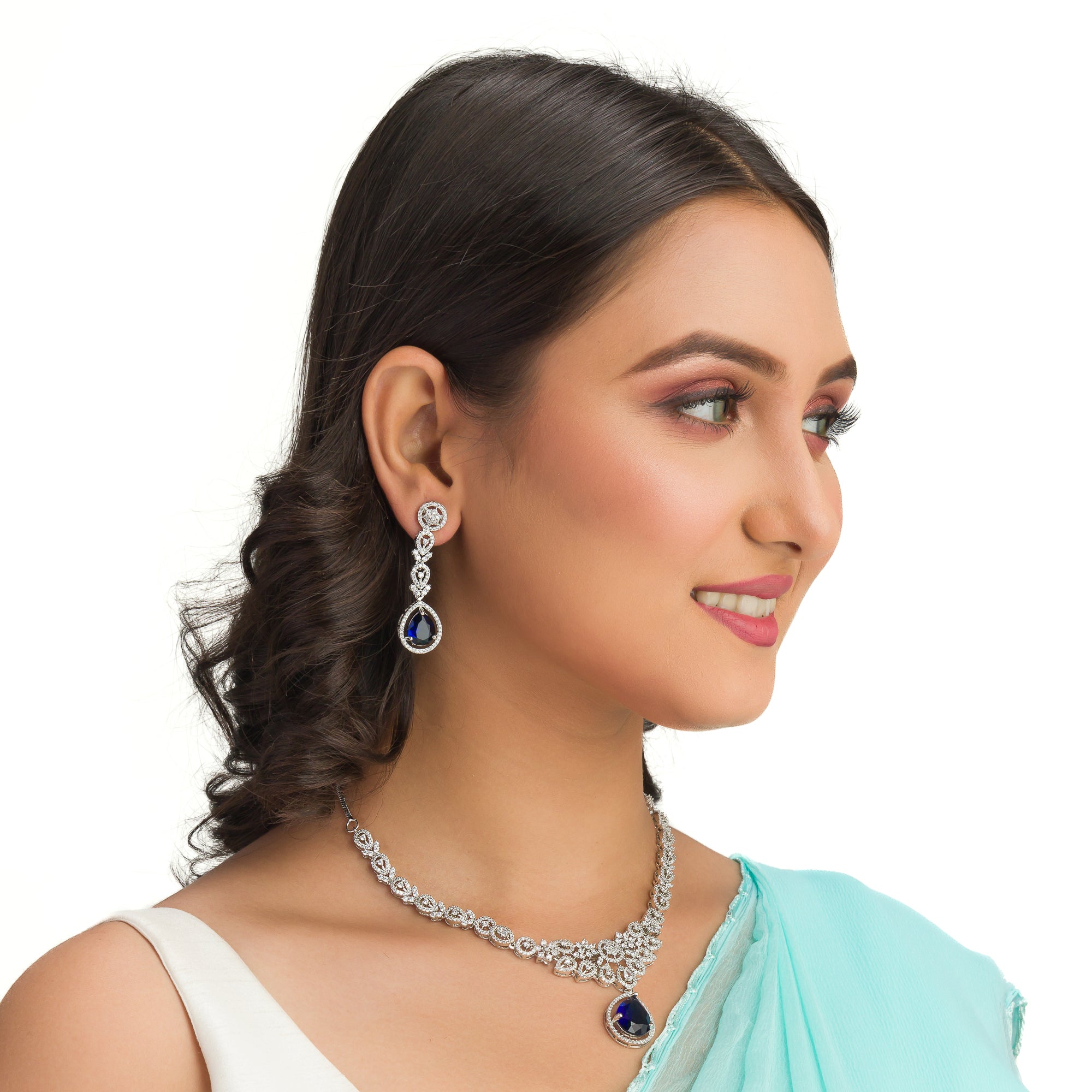 "Navy blue zircon necklace with large stone makes a bold, elegant statement for any occasion."