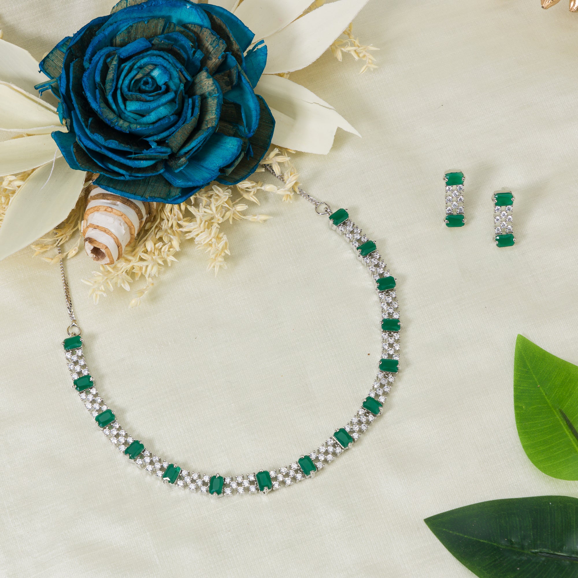 "Green stone zircon necklace adds a pop of vibrant elegance to any look."
