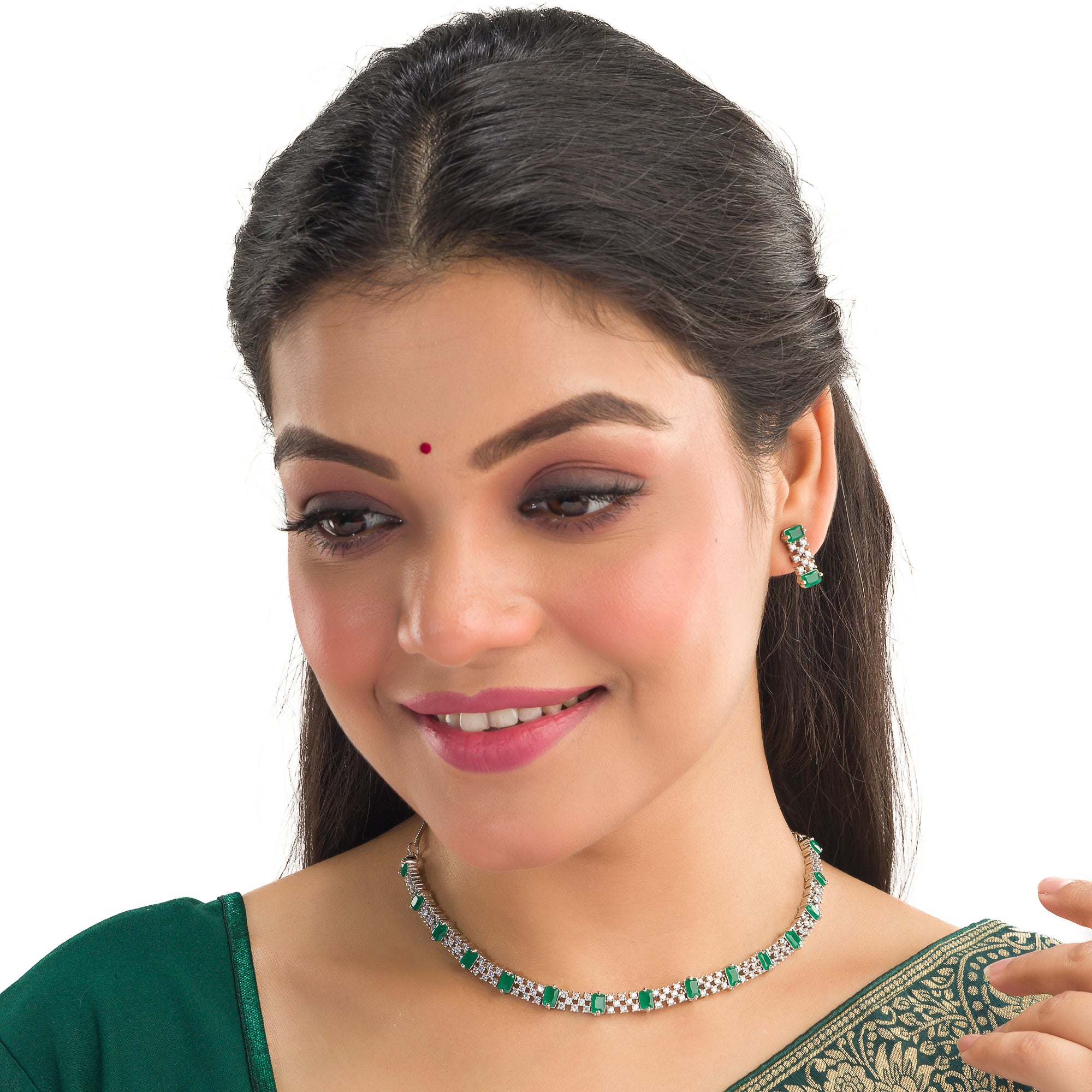 "Green stone zircon necklace adds a pop of vibrant elegance to any look."