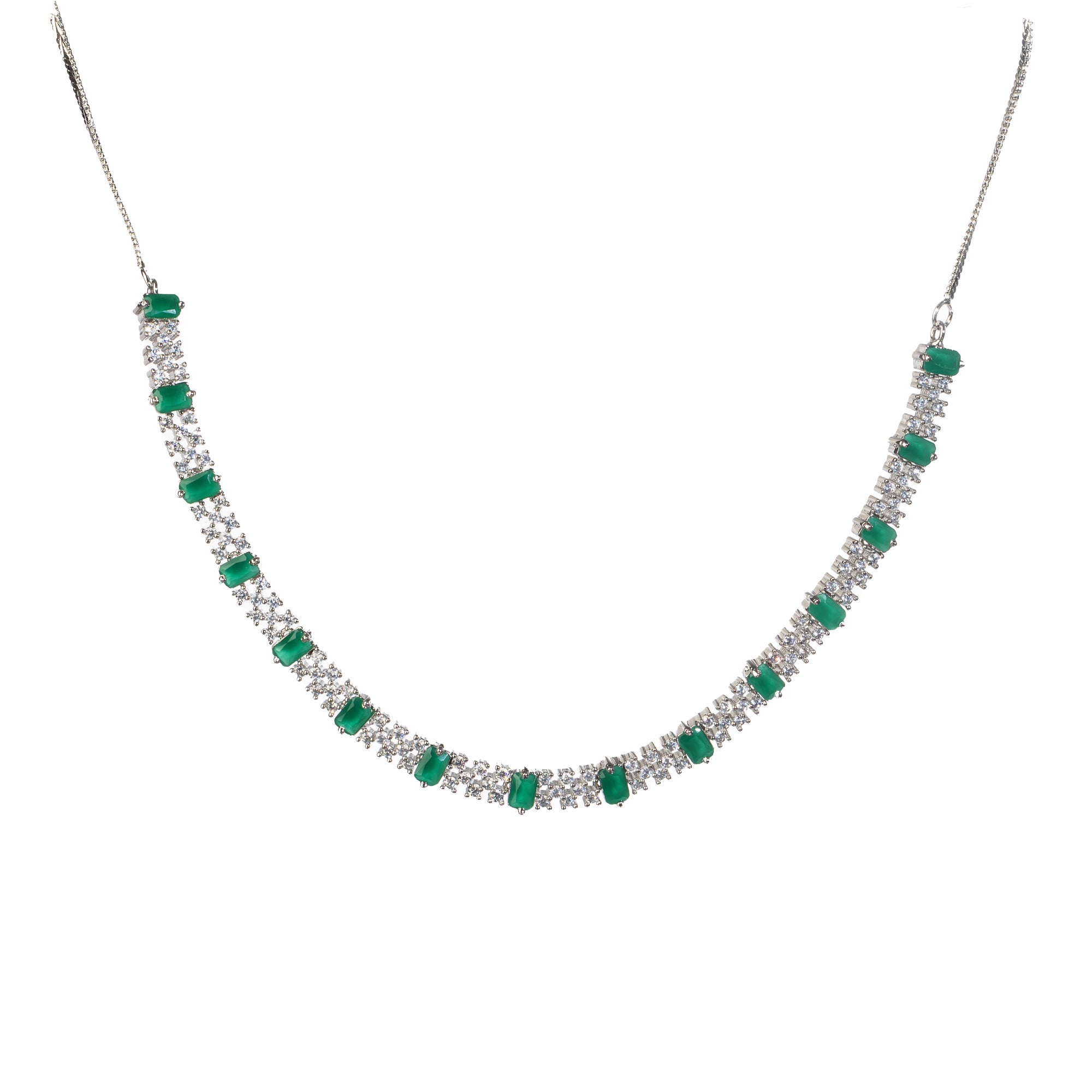 "Green stone zircon necklace adds a pop of vibrant elegance to any look."