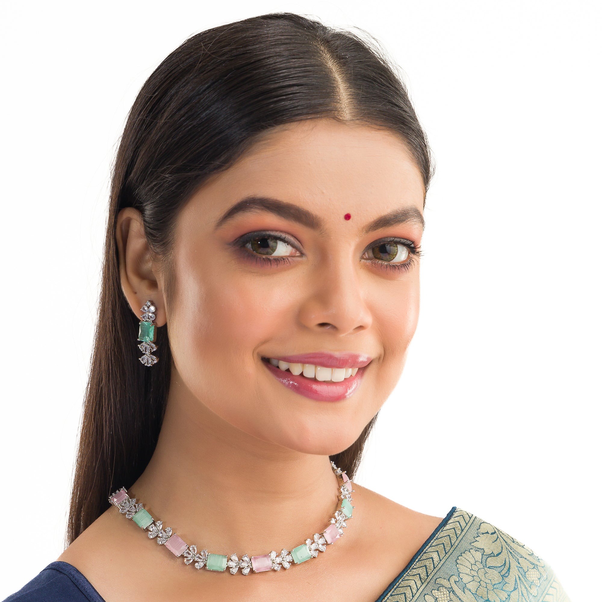 "Trendy pink and green zircon necklace in square design offers chic, modern elegance."