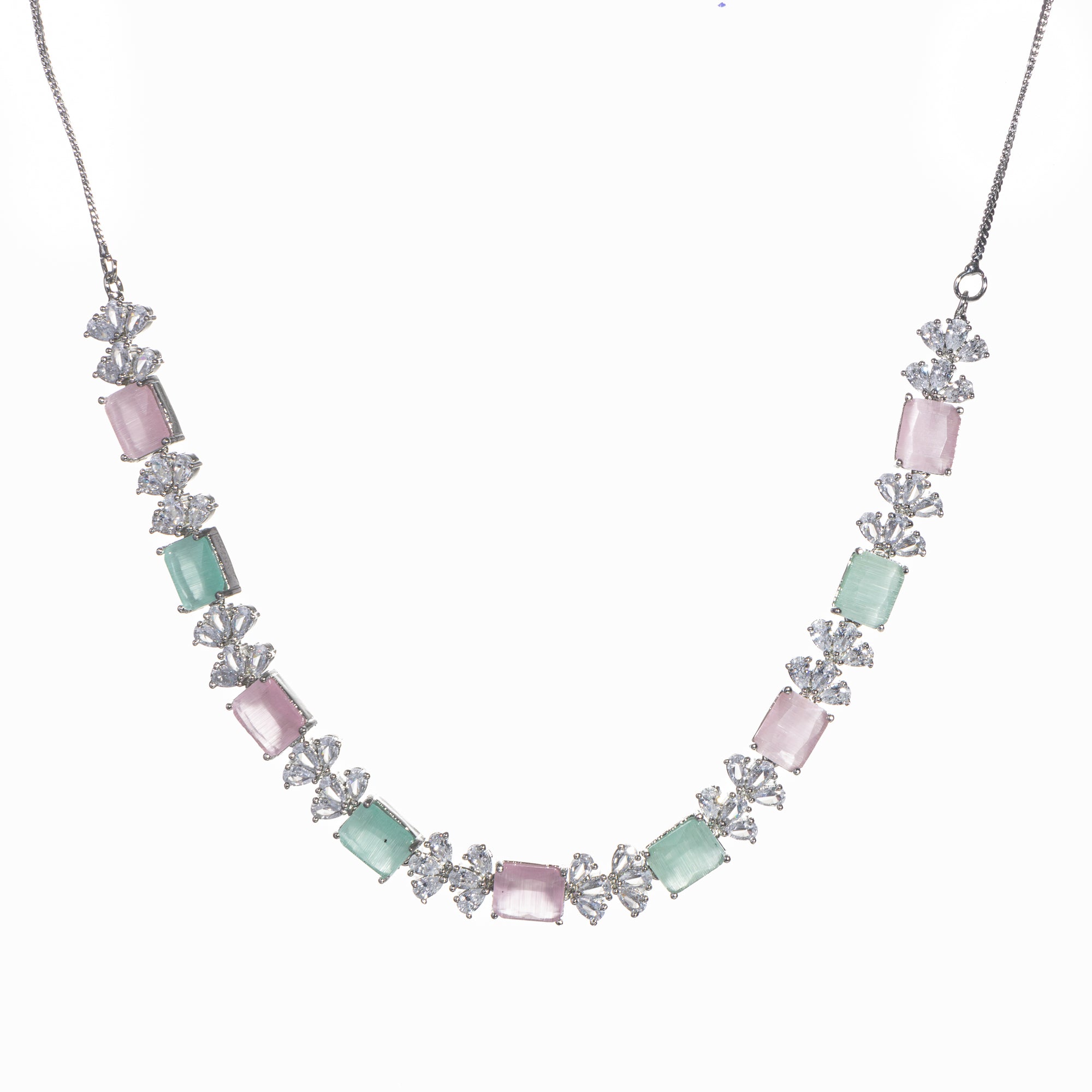 "Trendy pink and green zircon necklace in square design offers chic, modern elegance."