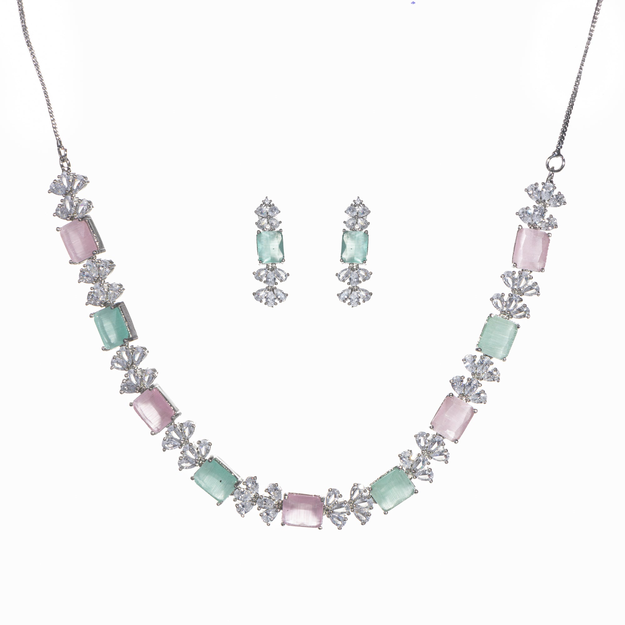 "Trendy pink and green zircon necklace in square design offers chic, modern elegance."
